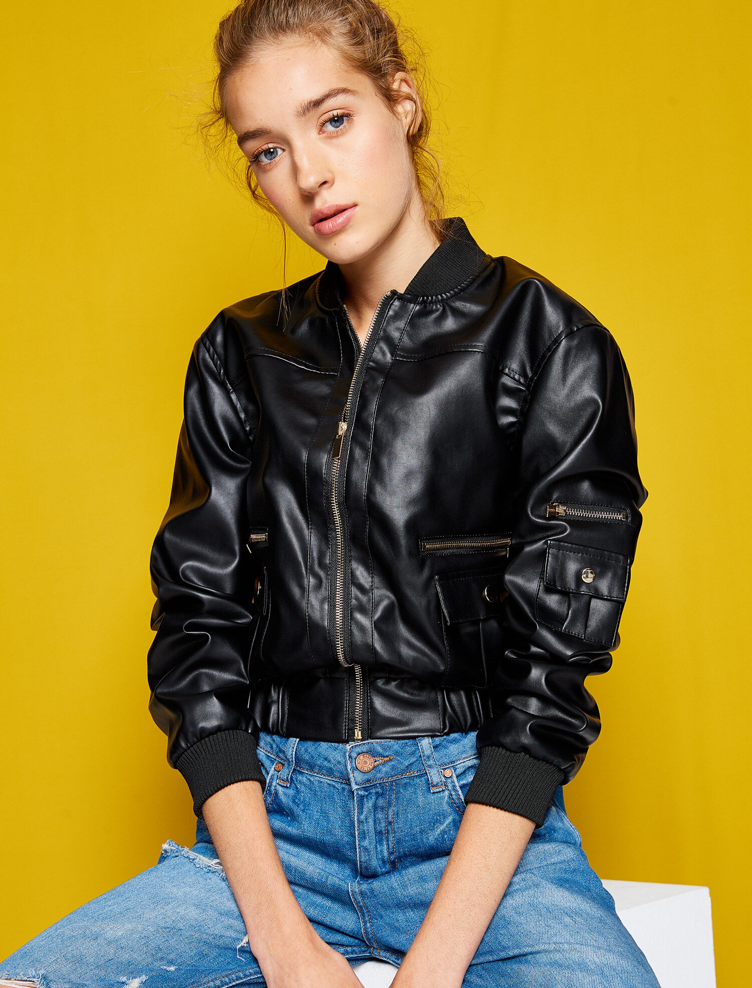   Deri Görünümlü Bomber Ceket