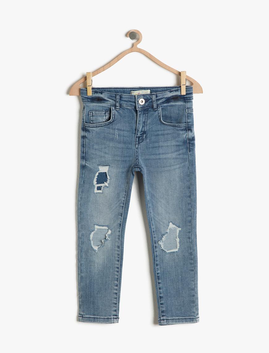  Erkek Çocuk Kot Pantolon Yama Detaylı Dar Paça Pamuklu - Slim Jean