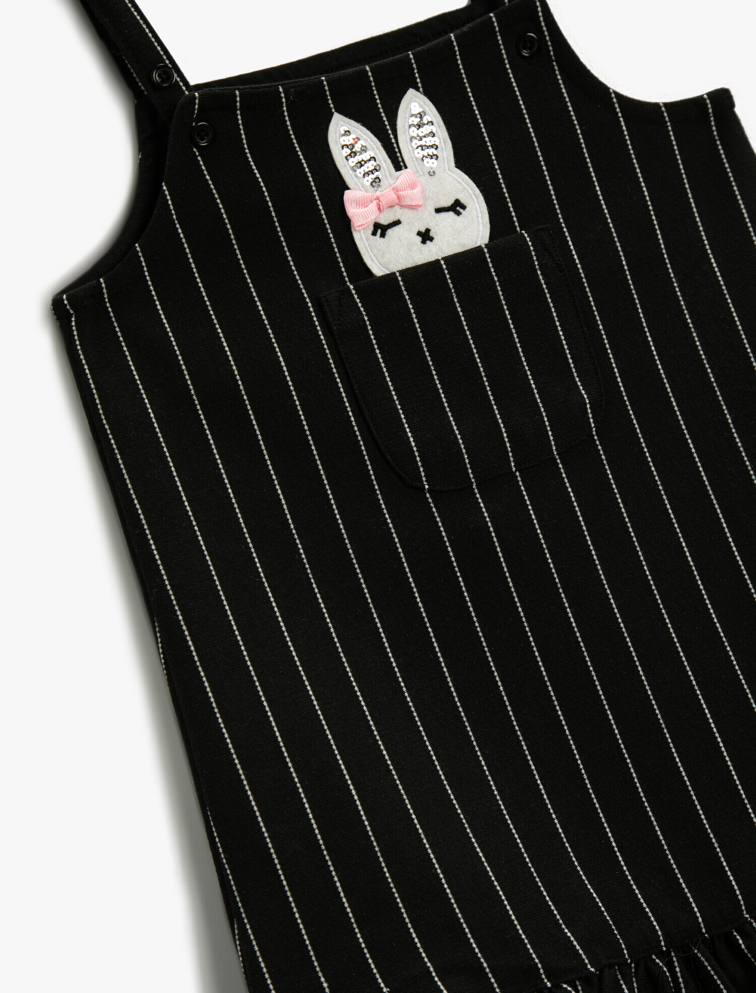  Kız Bebek Çizgili Cepli Tavşan Figürlü Pullu Askılı Elbise