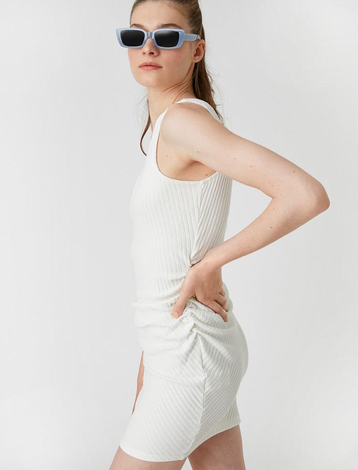  Mini Elbise Tek Omuz Beli Büzgülü