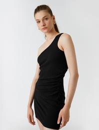 Mini Elbise Tek Omuz Beli Büzgülü