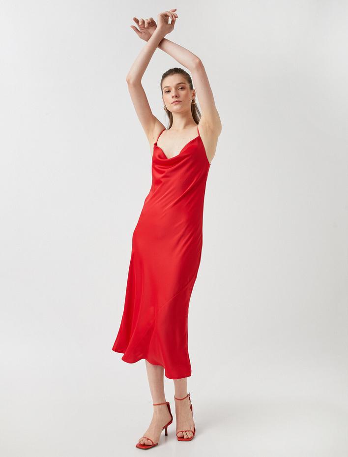  Uzun Abiye Elbise Askılı Saten Degaje Yaka