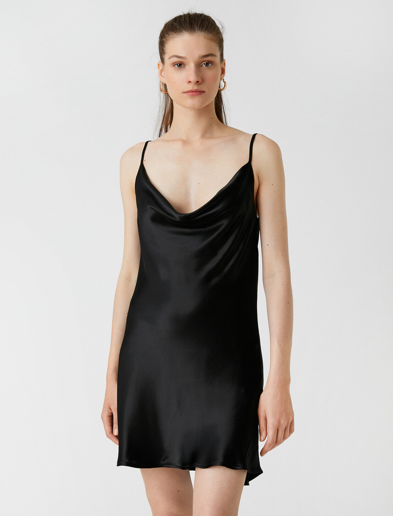   Mini Viskon Elbise Askılı Saten Degaje Yaka