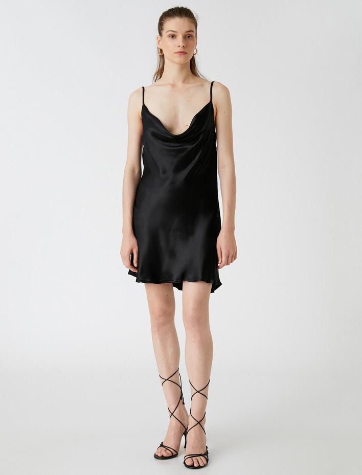  Mini Viskon Elbise Askılı Saten Degaje Yaka