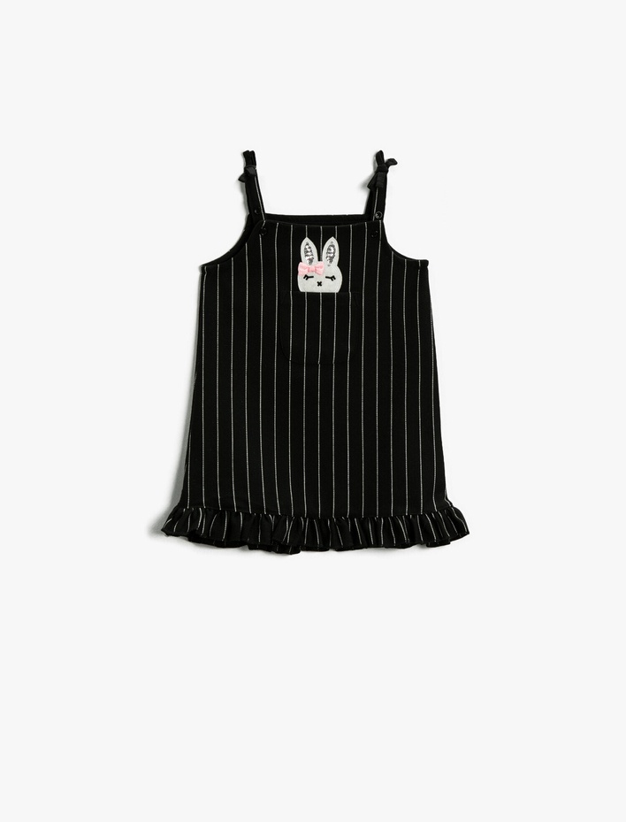 Kız Bebek Çizgili Cepli Tavşan Figürlü Pullu Askılı Elbise