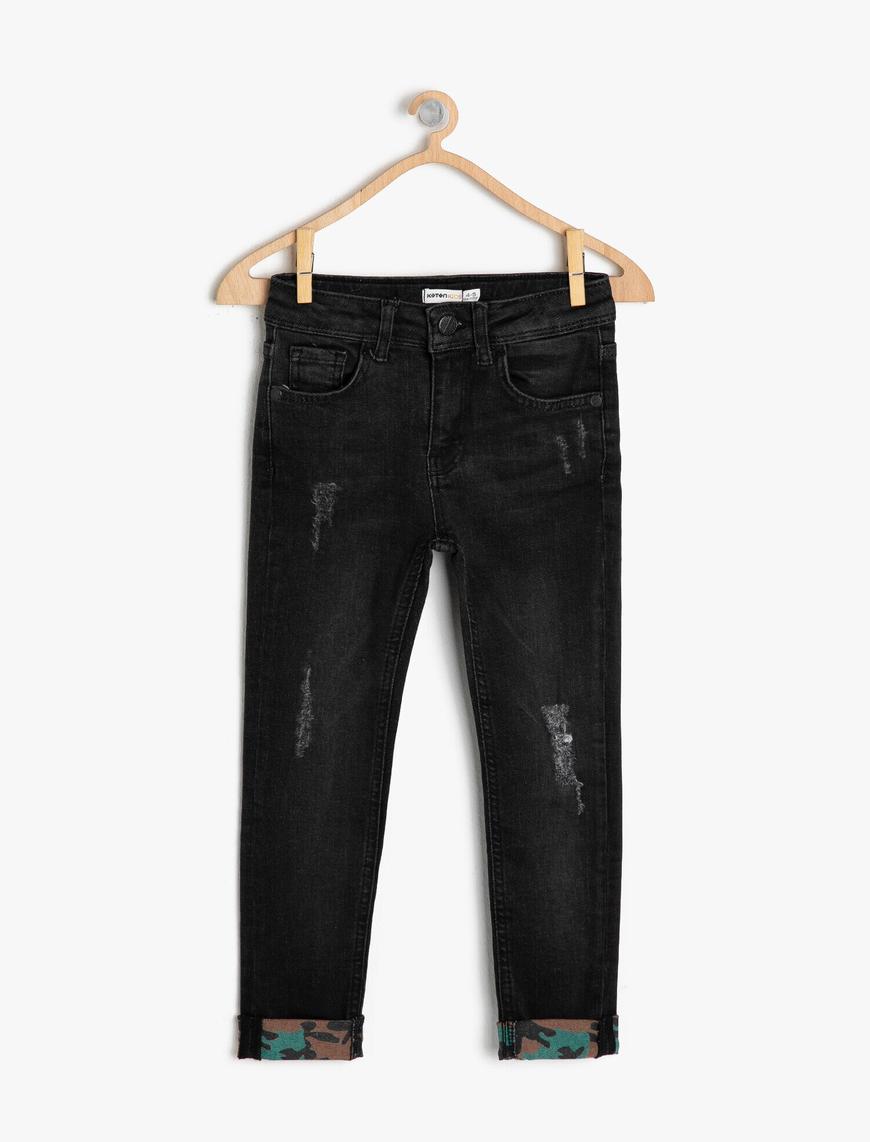  Erkek Çocuk Kot Pantolon Paçaları Kıvrık Kamuflaj Desenli Pamuklu - Slim Jean
