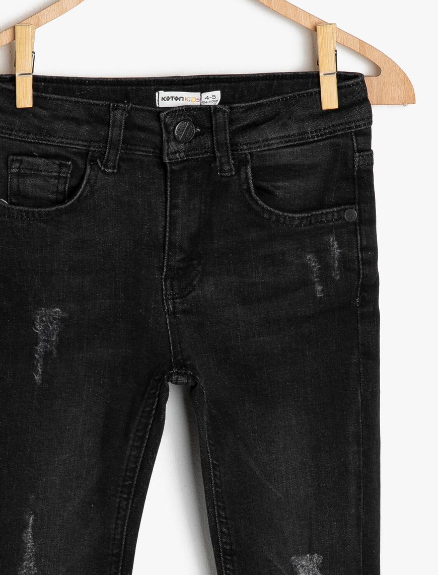  Erkek Çocuk Kot Pantolon Paçaları Kıvrık Kamuflaj Desenli Pamuklu - Slim Jean