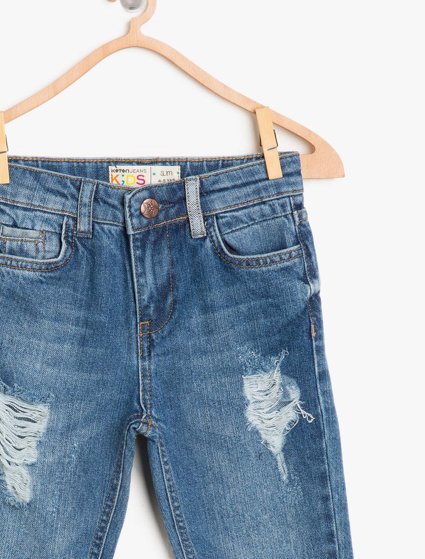  Erkek Çocuk Kot Pantolon Yıpratılmış Detaylı Pamuklu - Regular Jean