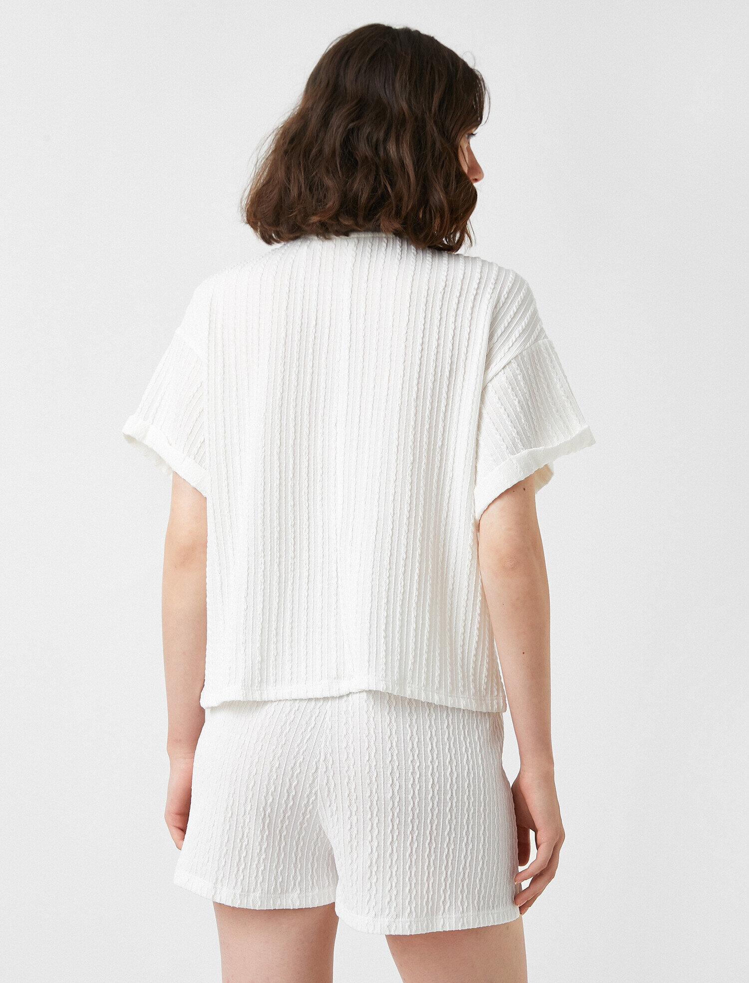   Örgü Desenli Tişört Kısa Kollu Bisiklet Yaka