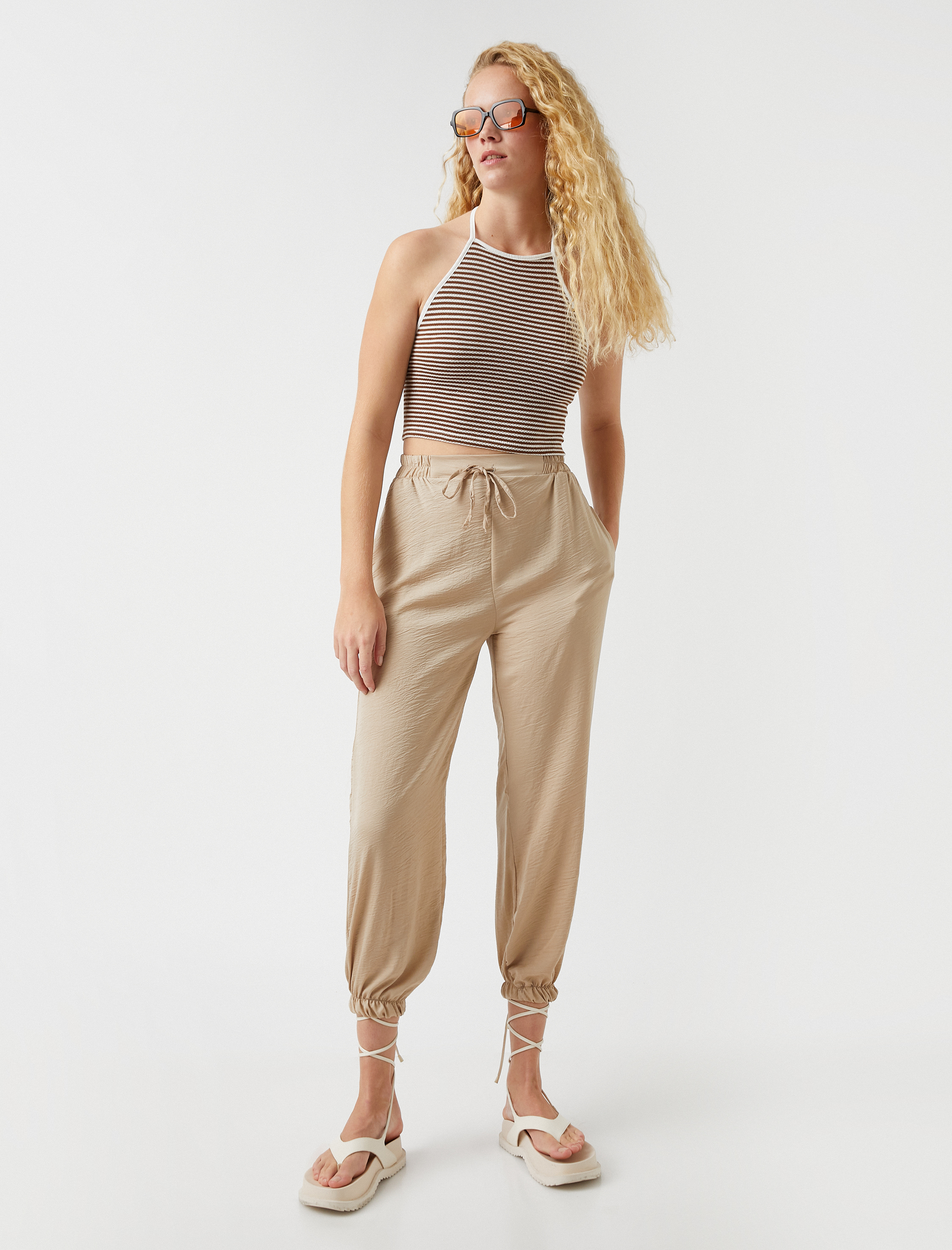   Jogger Pantolon Beli Bağlamalı Cepli Saten Görünümlü