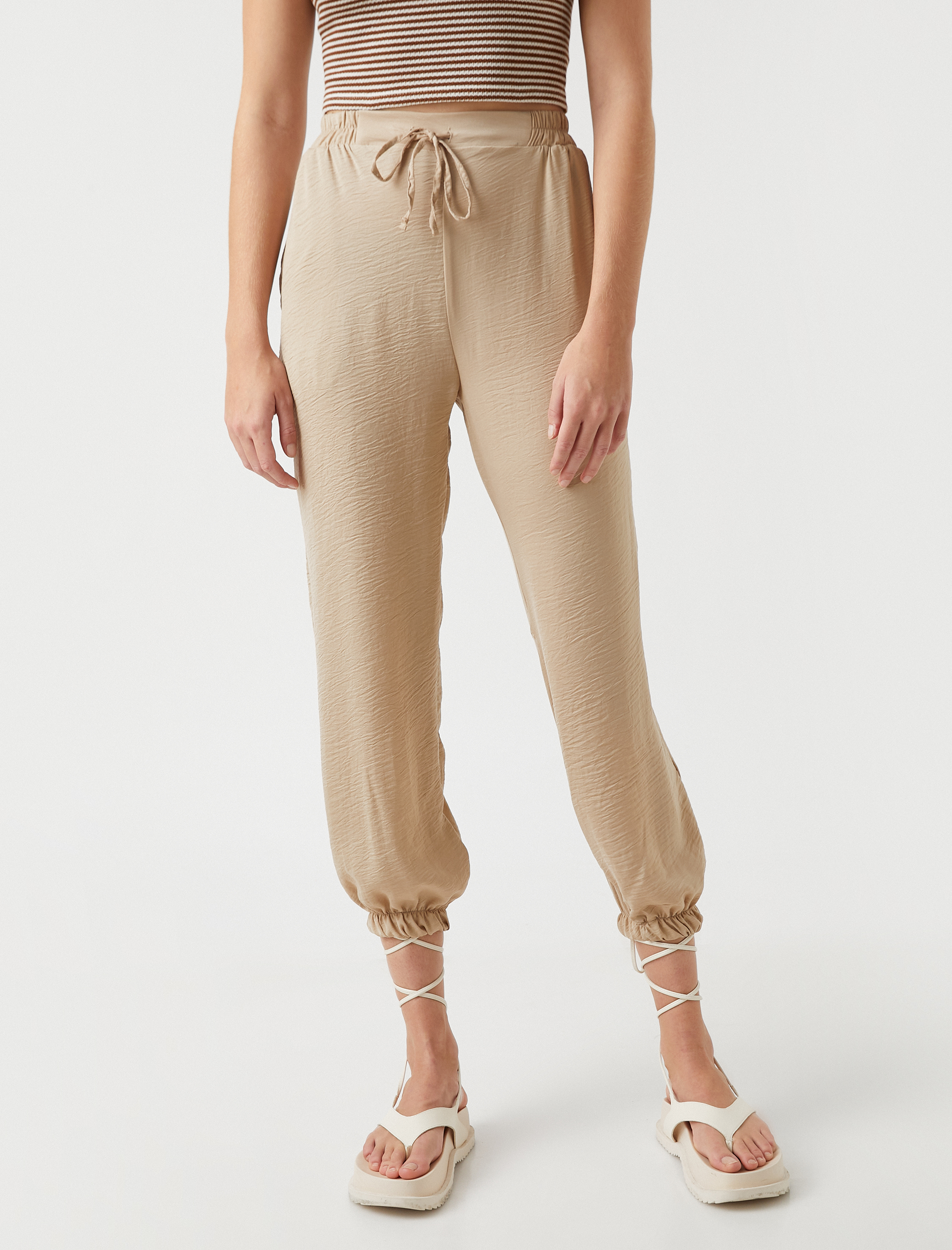   Jogger Pantolon Beli Bağlamalı Cepli Saten Görünümlü