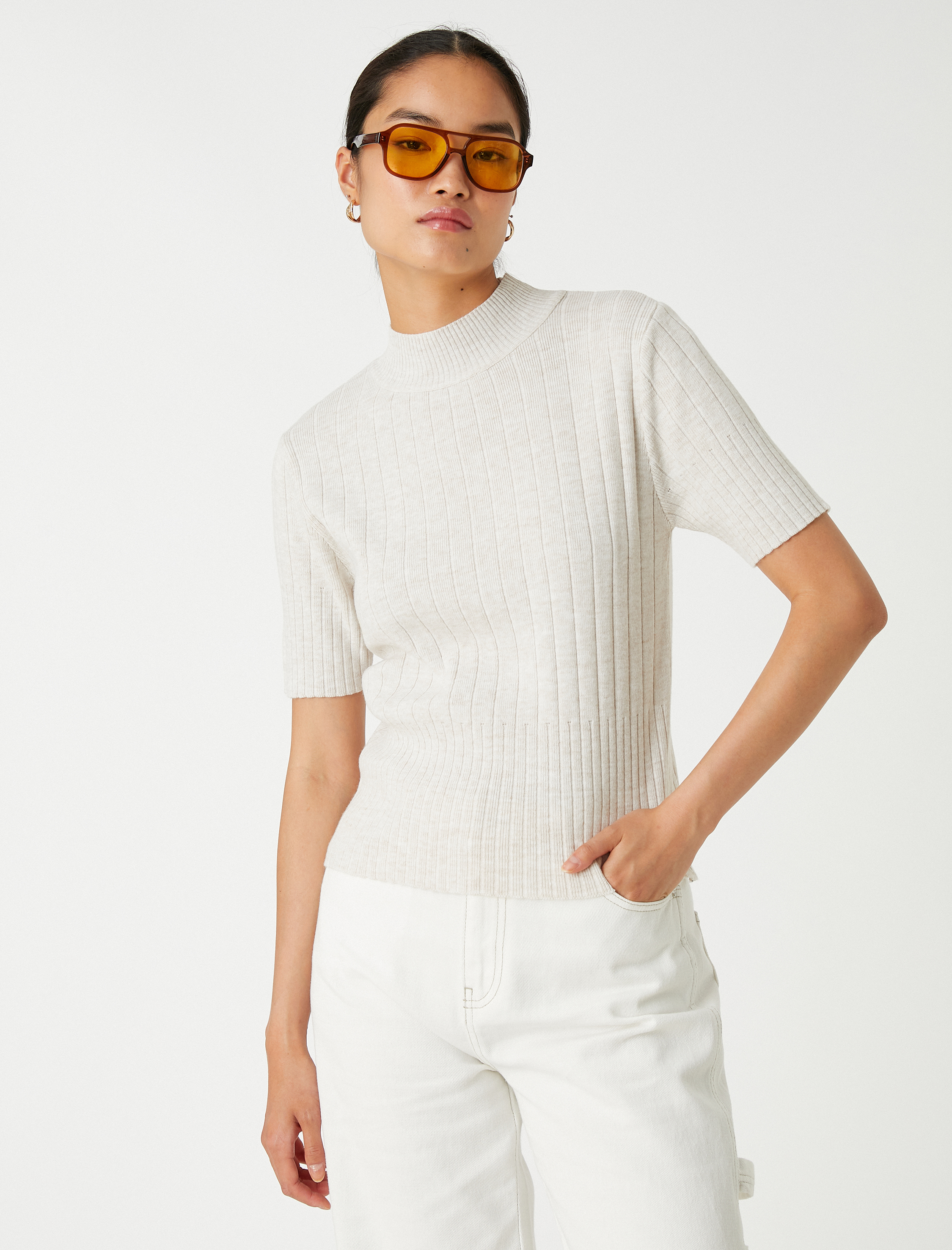   Dik Yaka Triko Kısa Kollu Kaşmir Dokulu