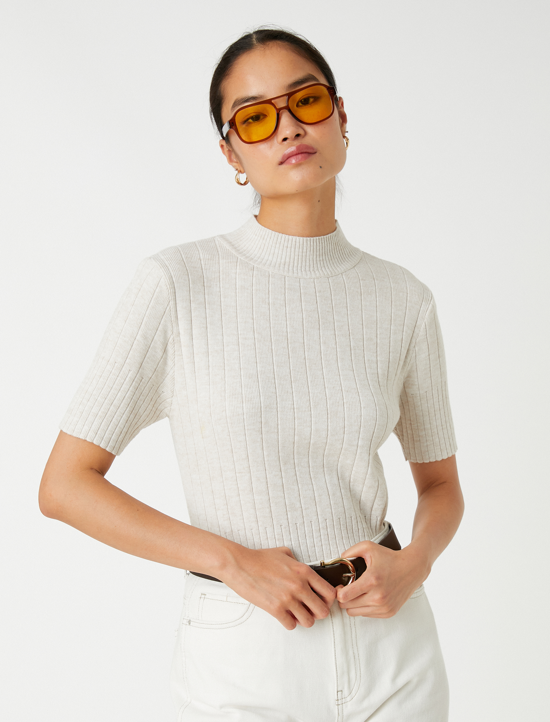   Dik Yaka Triko Kısa Kollu Kaşmir Dokulu