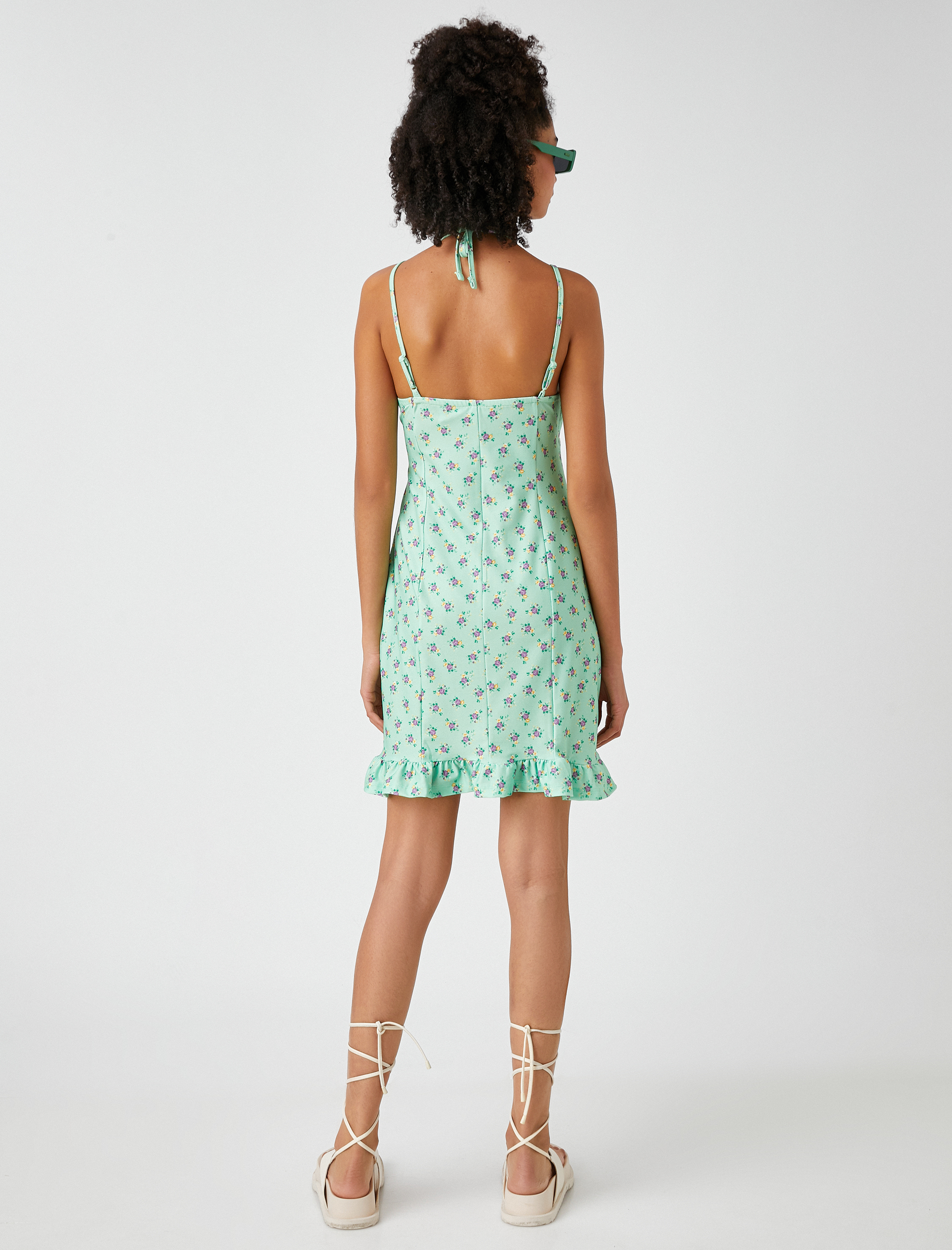   İnce Askılı Fırfırlı Mini Elbise