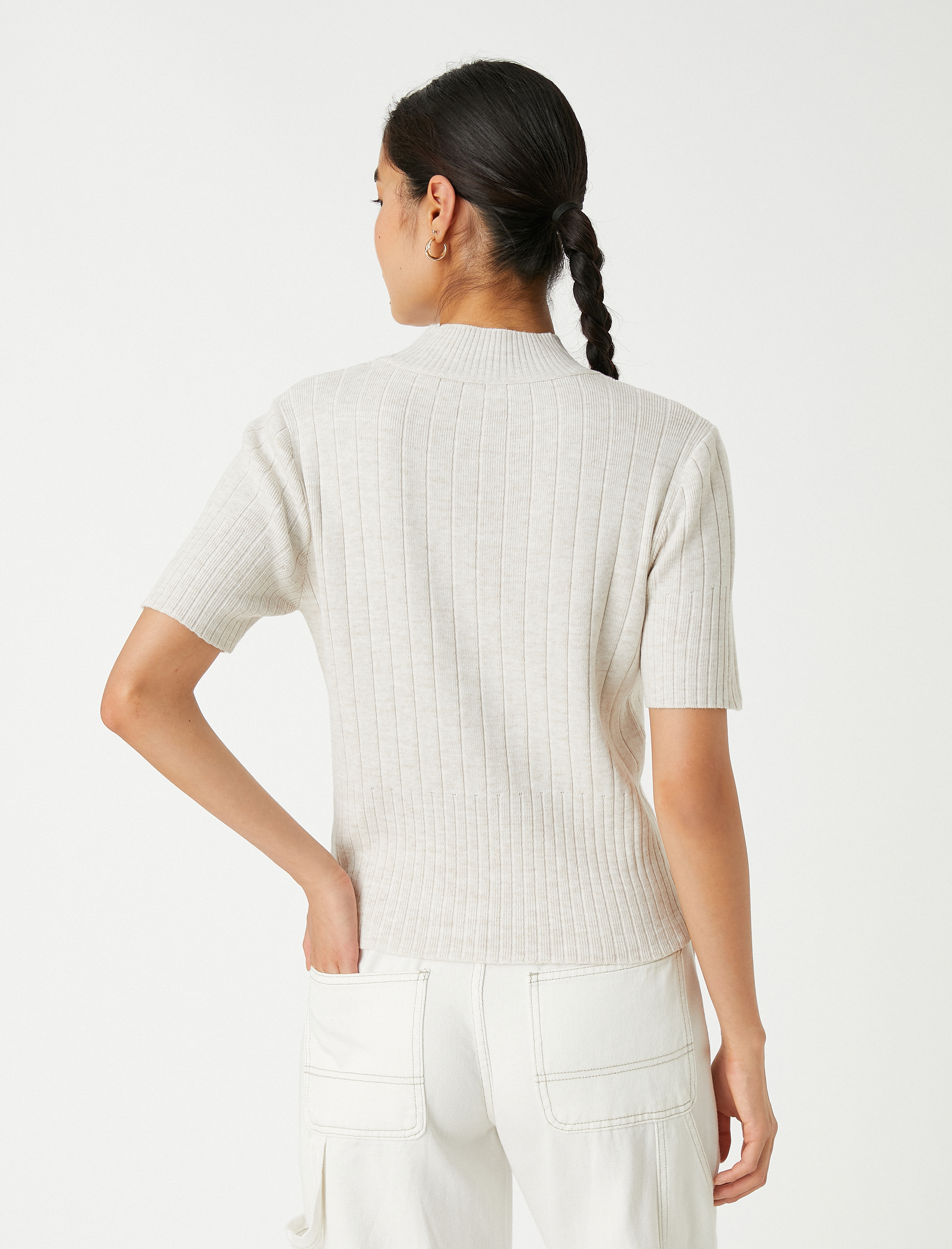   Dik Yaka Triko Kısa Kollu Kaşmir Dokulu