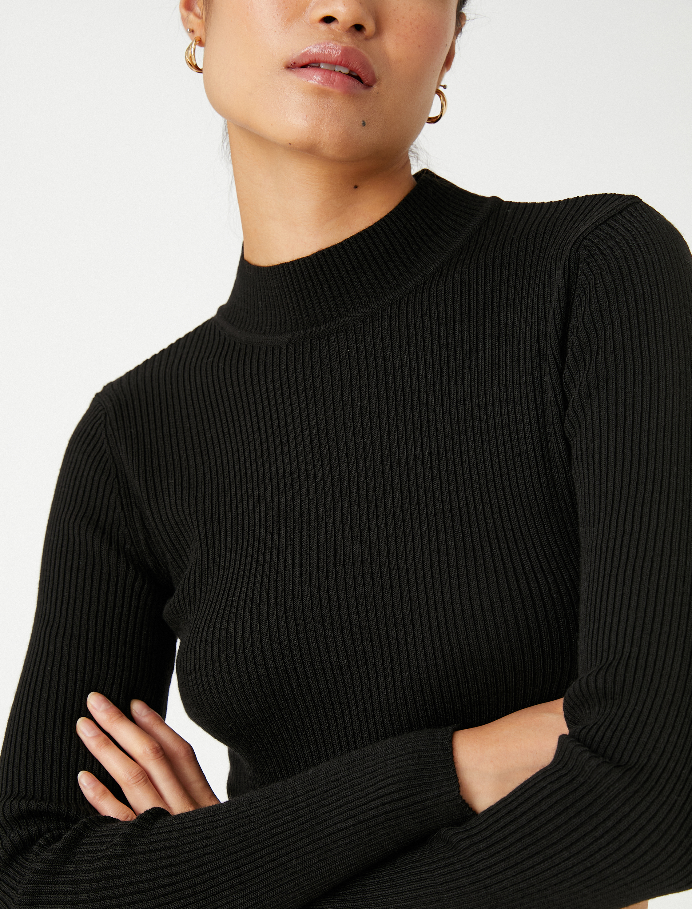   Crop Triko Kazak Dik Yaka Ribanalı Kaşmir Dokulu