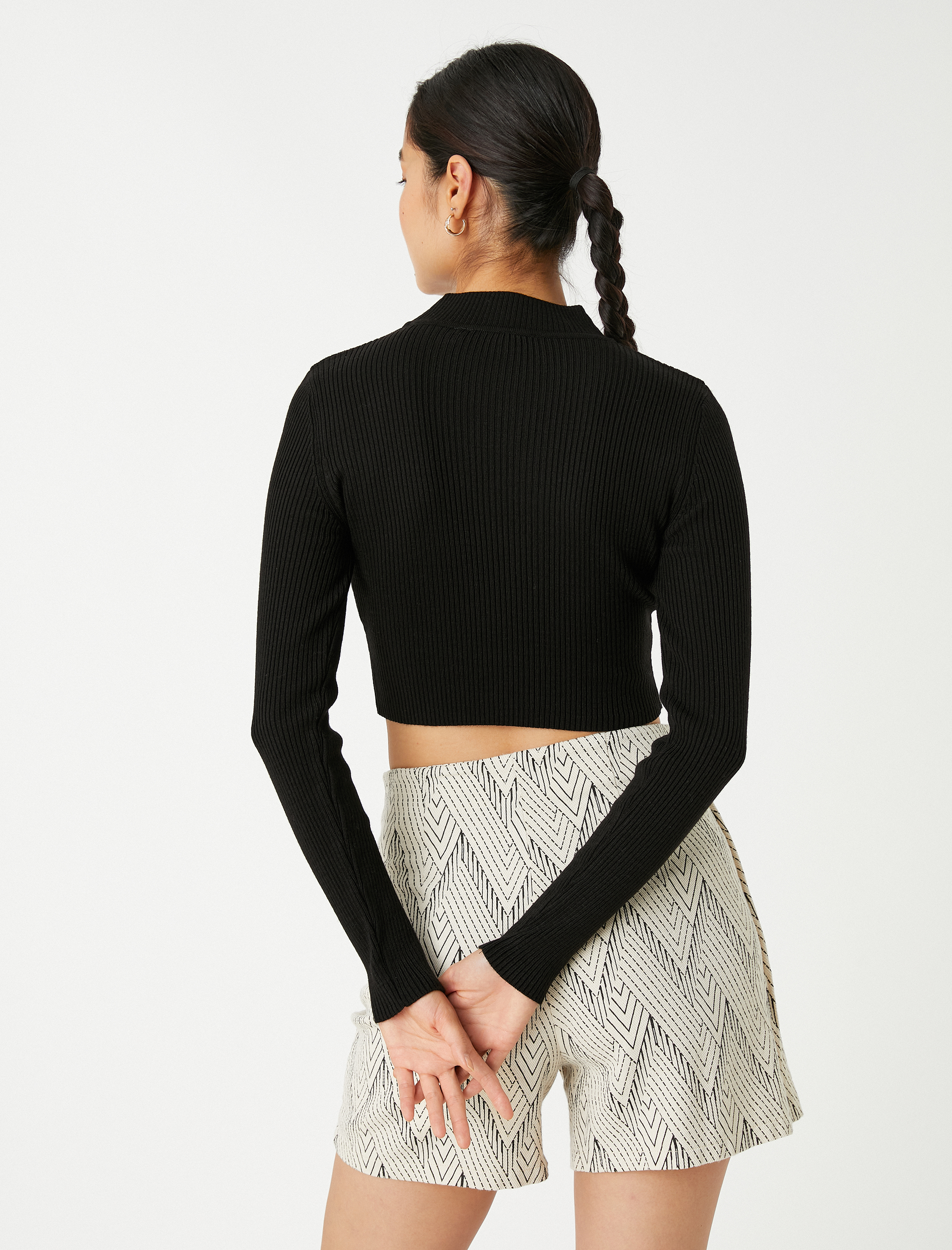   Crop Triko Kazak Dik Yaka Ribanalı Kaşmir Dokulu