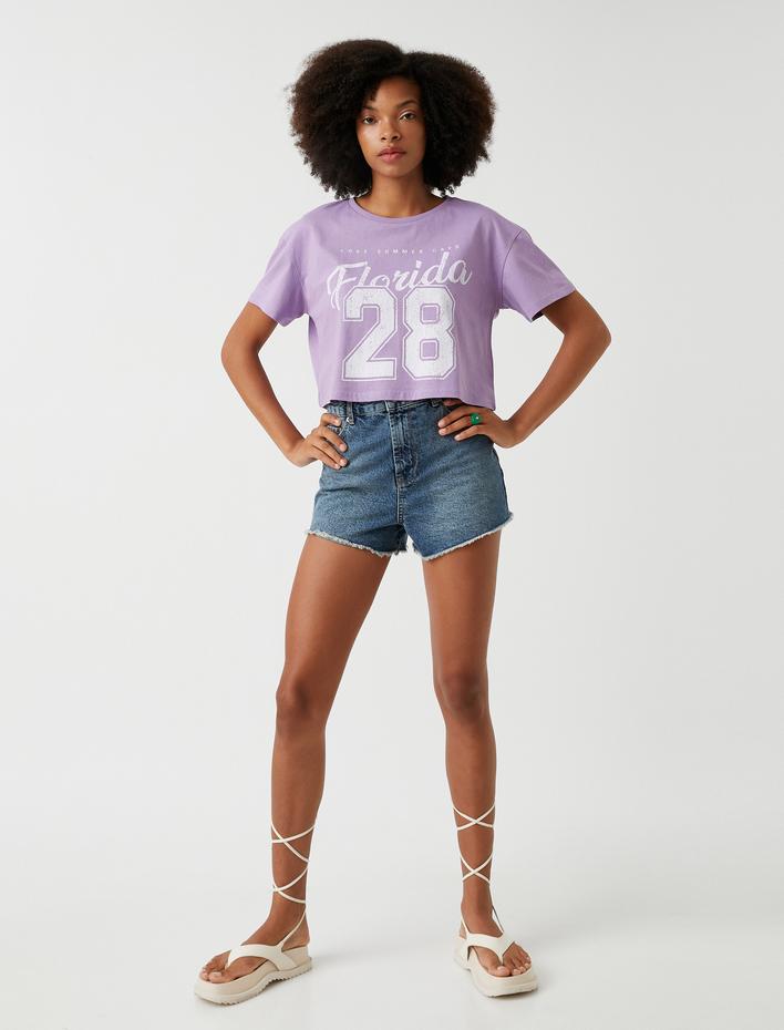  Baskılı Crop Tişört Pamuklu