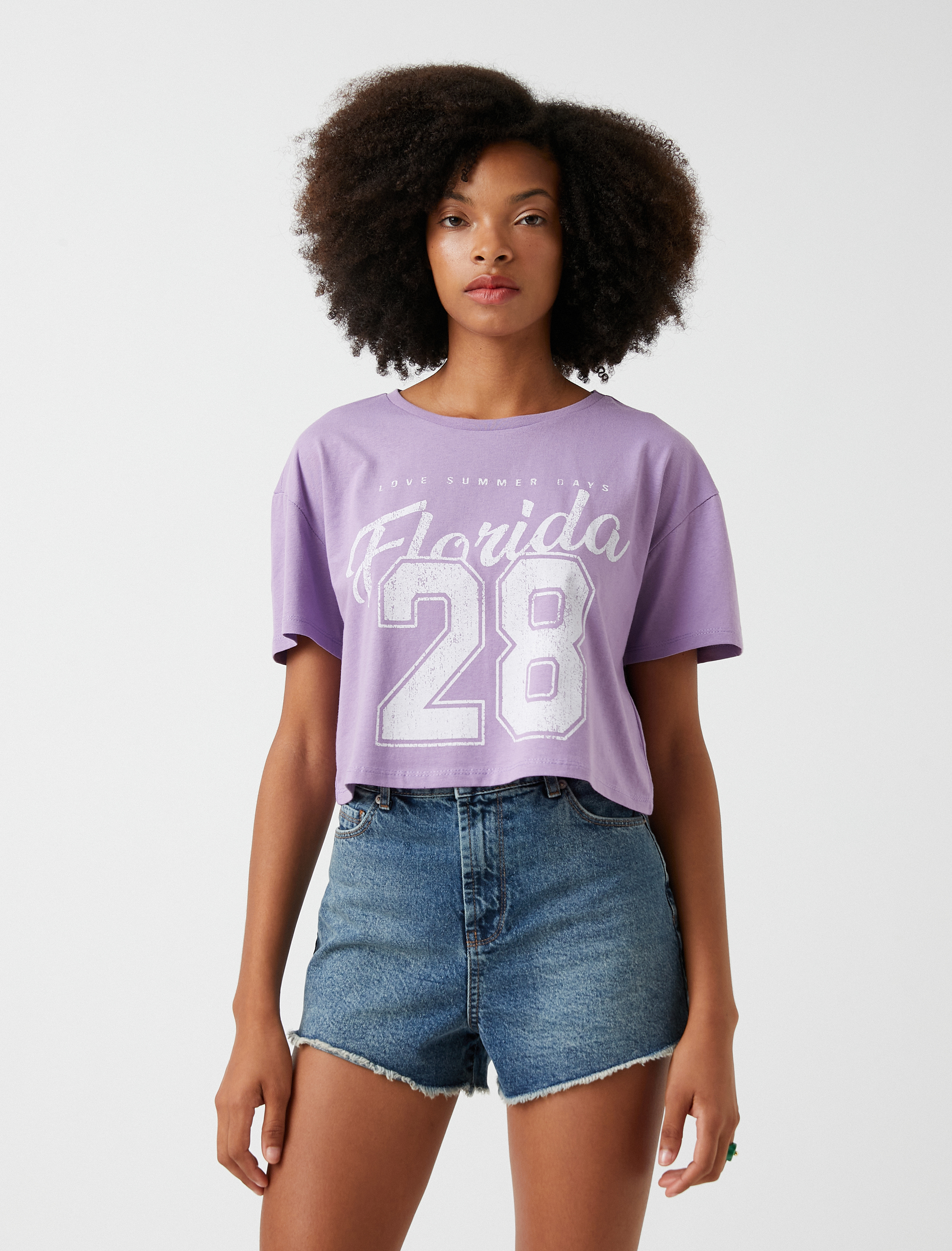   Baskılı Crop Tişört Pamuklu