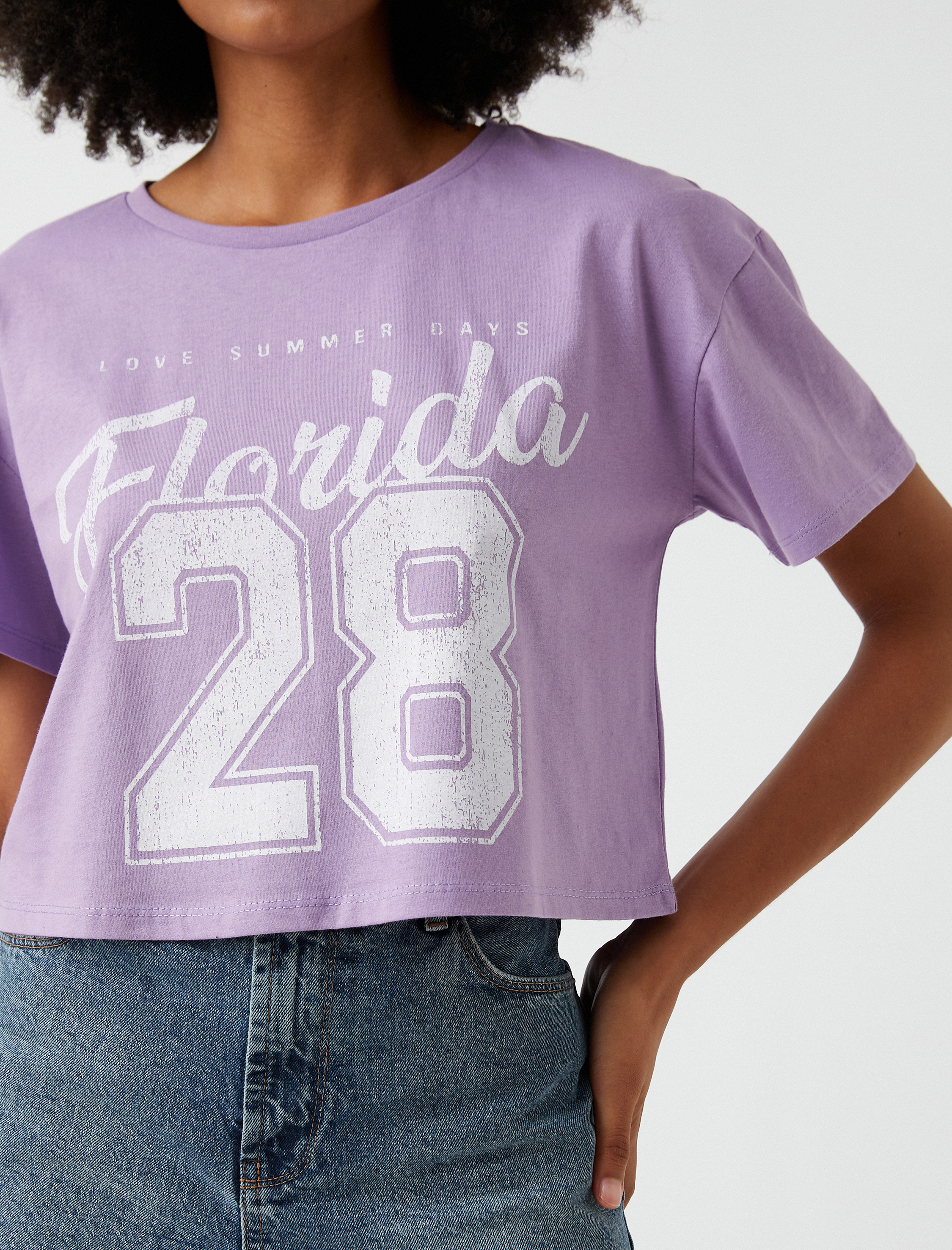   Baskılı Crop Tişört Pamuklu