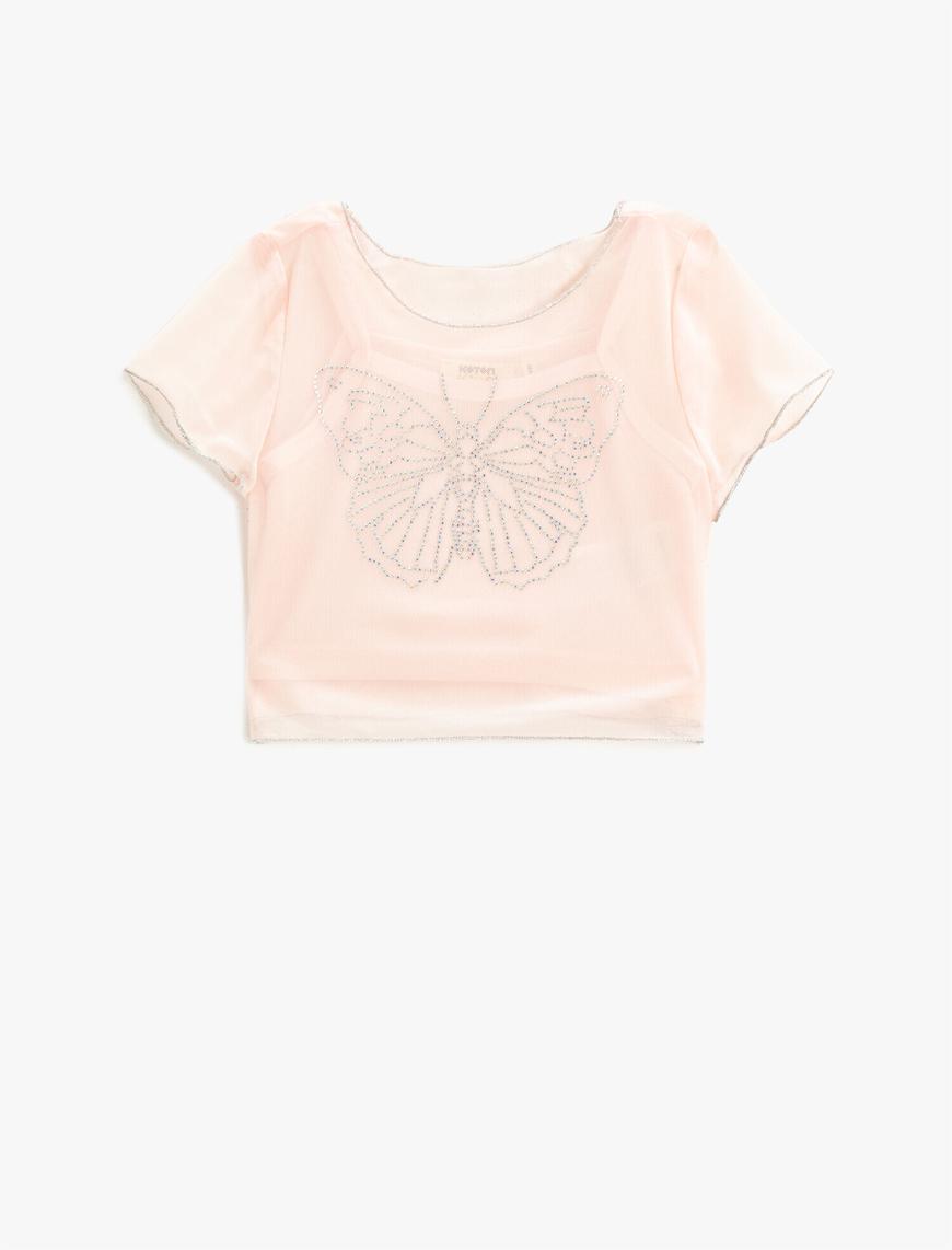  Kız Çocuk Crop Tişört Tüllü Astarlı Kelebek İşlemeli