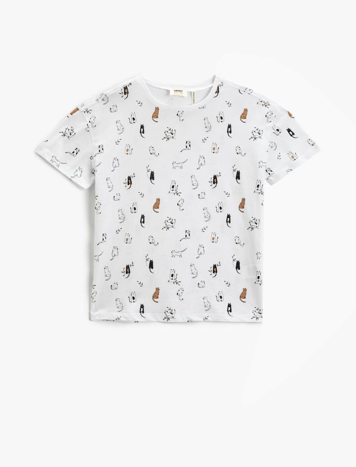 Kız Çocuk Kedi Baskılı Tişört Kısa Kollu Bisiklet Yaka Pamuklu