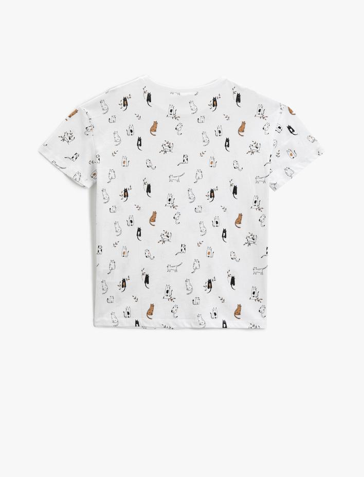 Kız Çocuk Kedi Baskılı Tişört Kısa Kollu Bisiklet Yaka Pamuklu