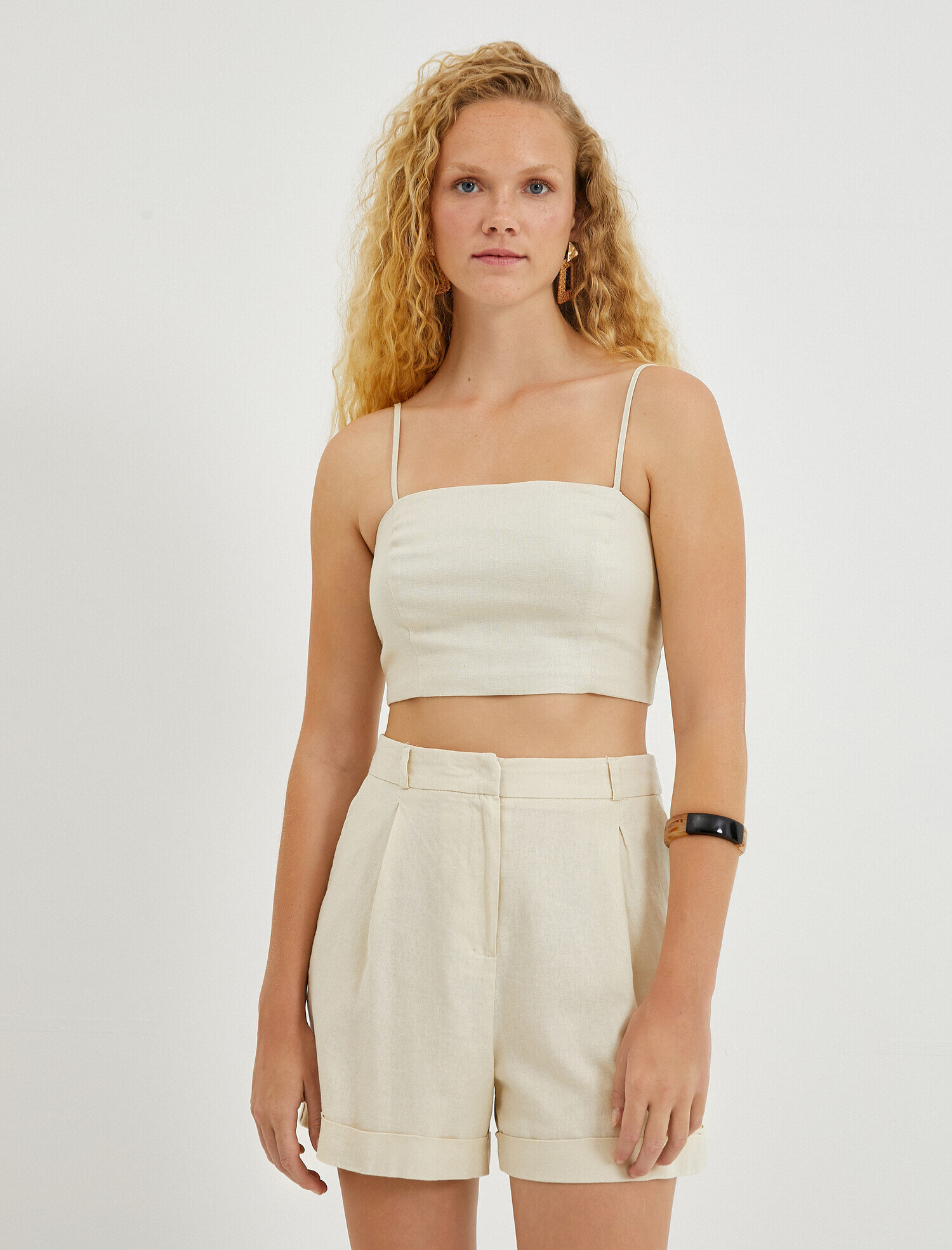   Crop Atlet İnce Askılı Keten Karışımlı