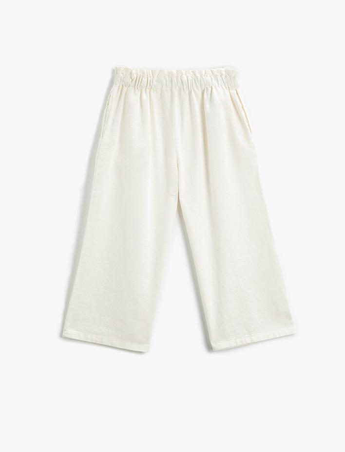 Kız Çocuk Keten Karışımlı Pantolon Geniş Paça Beli Lastikli