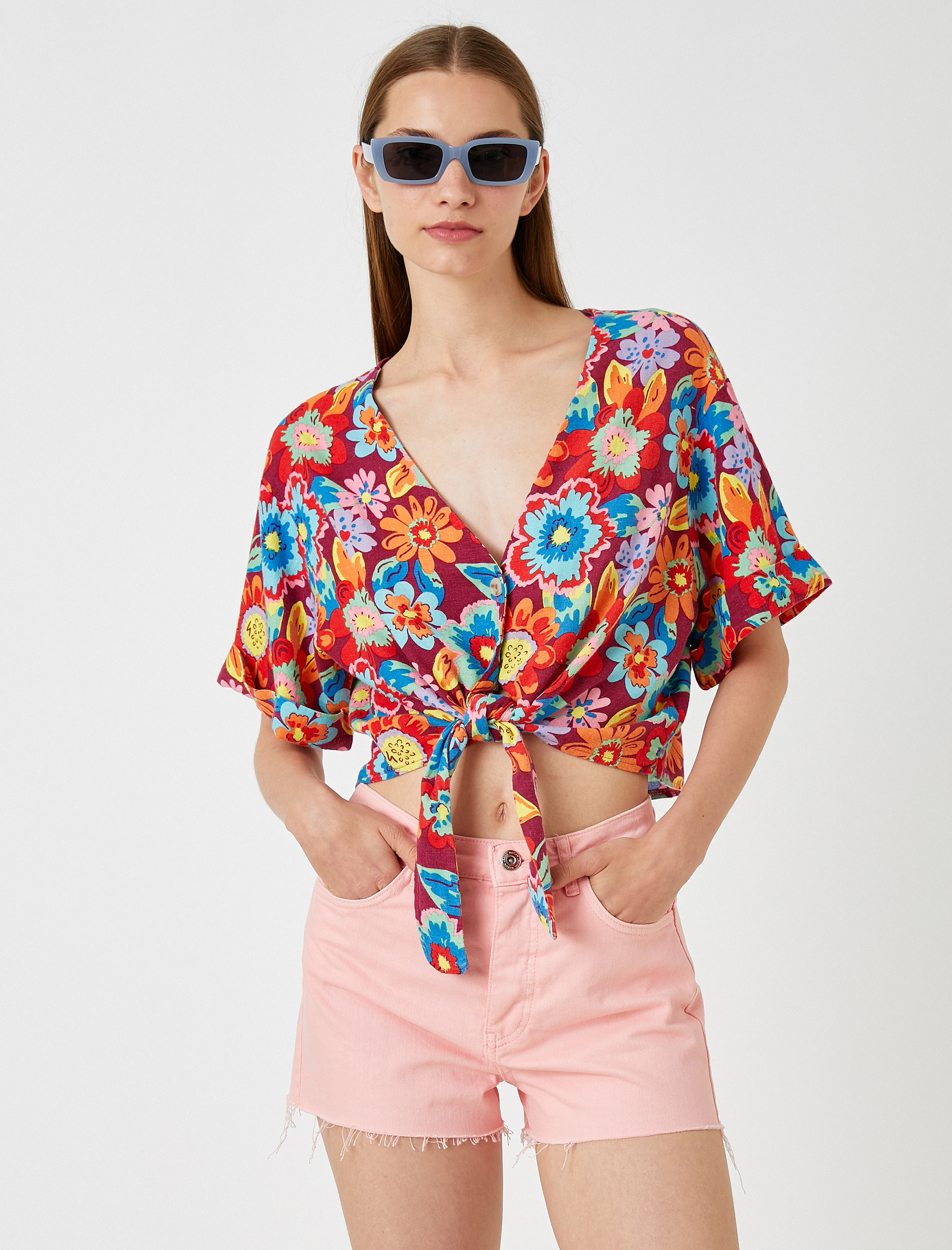   Belden Bağlamalı Gömlek Çiçekli Keten Karışımlı