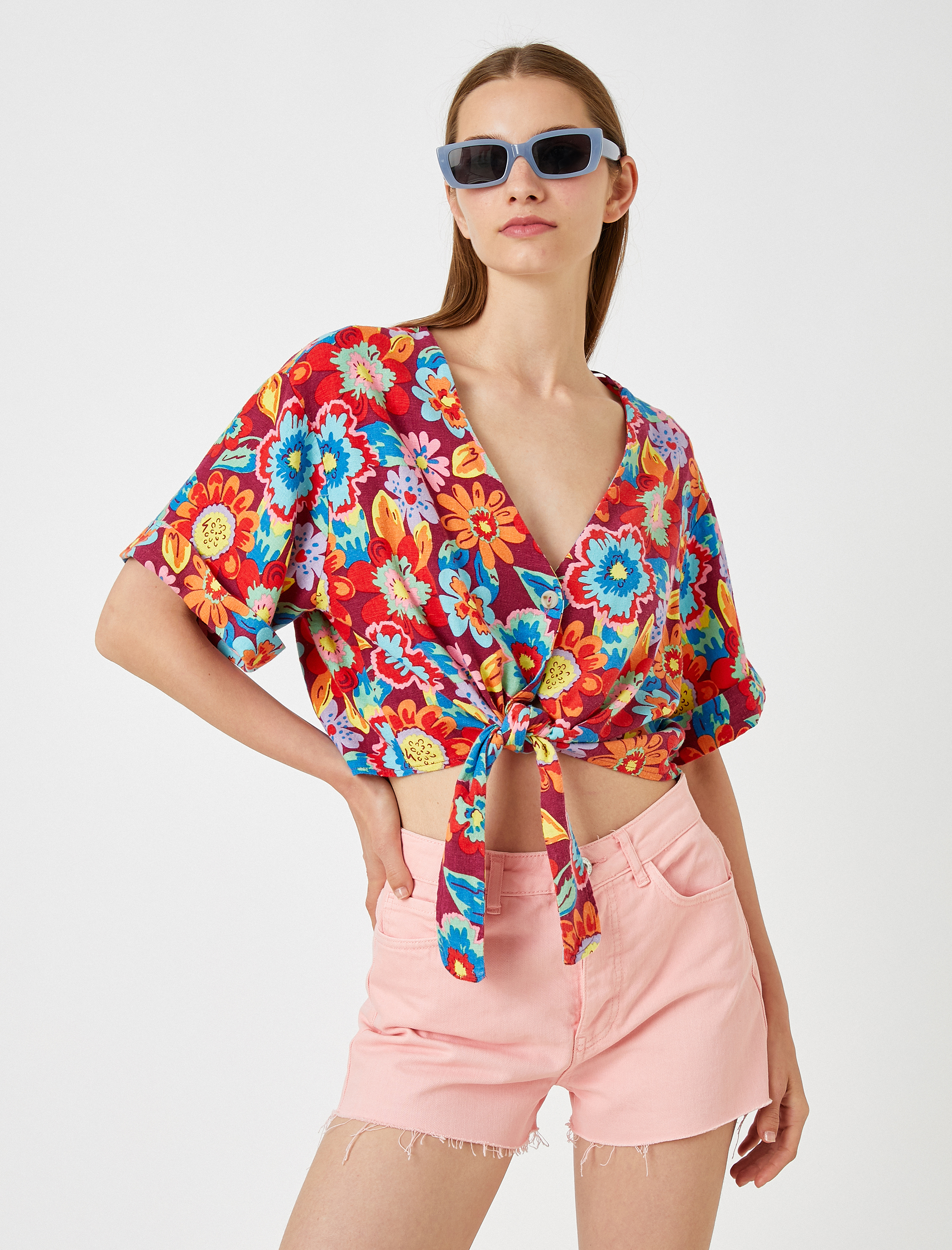   Belden Bağlamalı Gömlek Çiçekli Keten Karışımlı