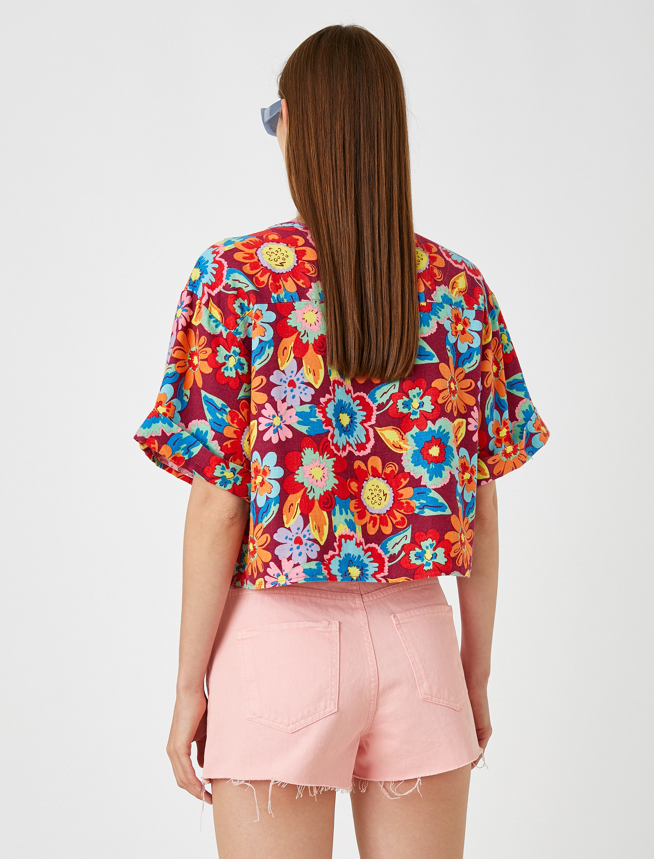   Belden Bağlamalı Gömlek Çiçekli Keten Karışımlı