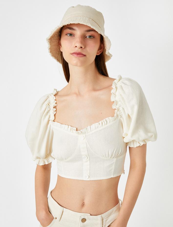  Crop Bluz Önü Düğmeli Keten Karışımlı