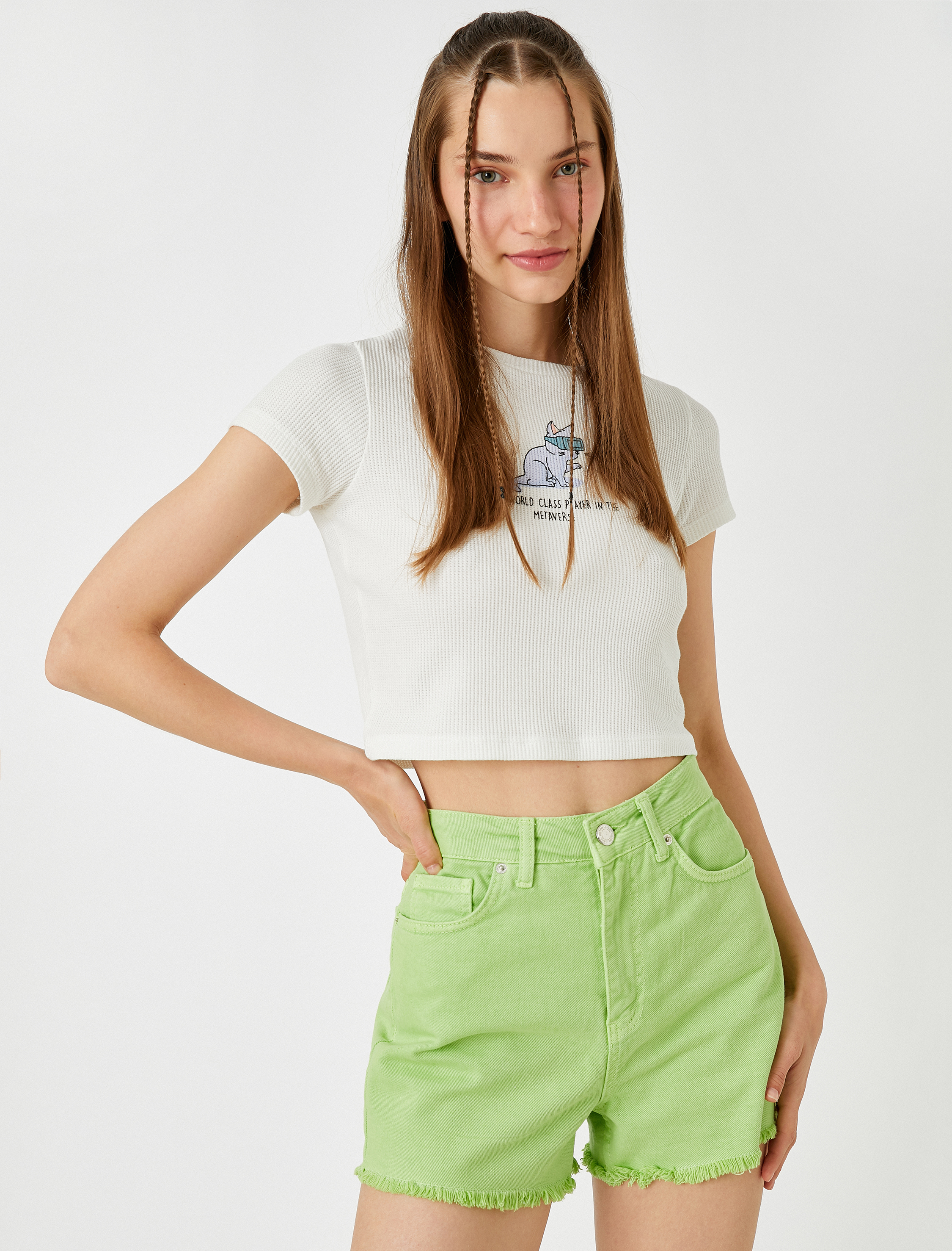   Baskılı Crop Tişört Bisiklet Yaka