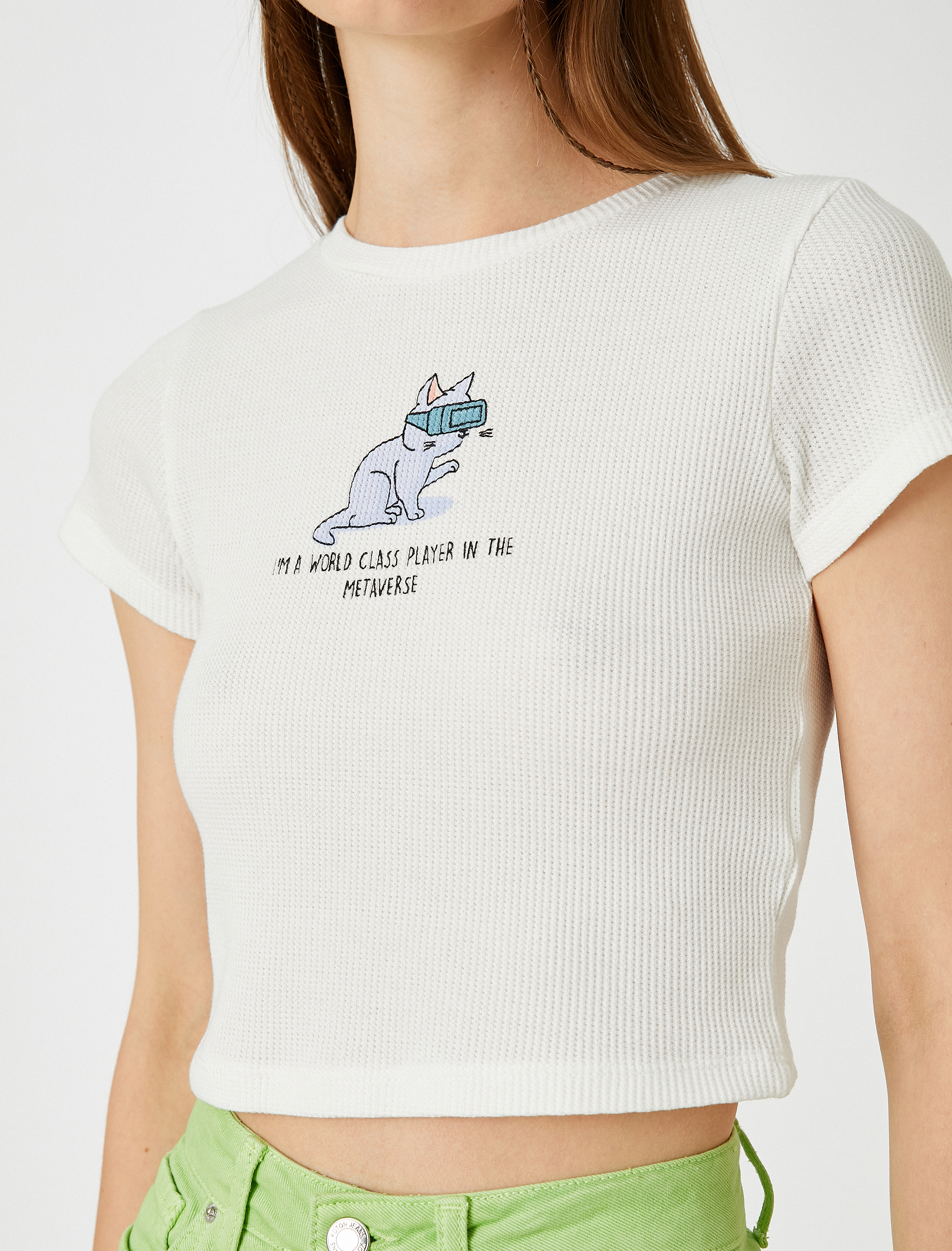   Baskılı Crop Tişört Bisiklet Yaka