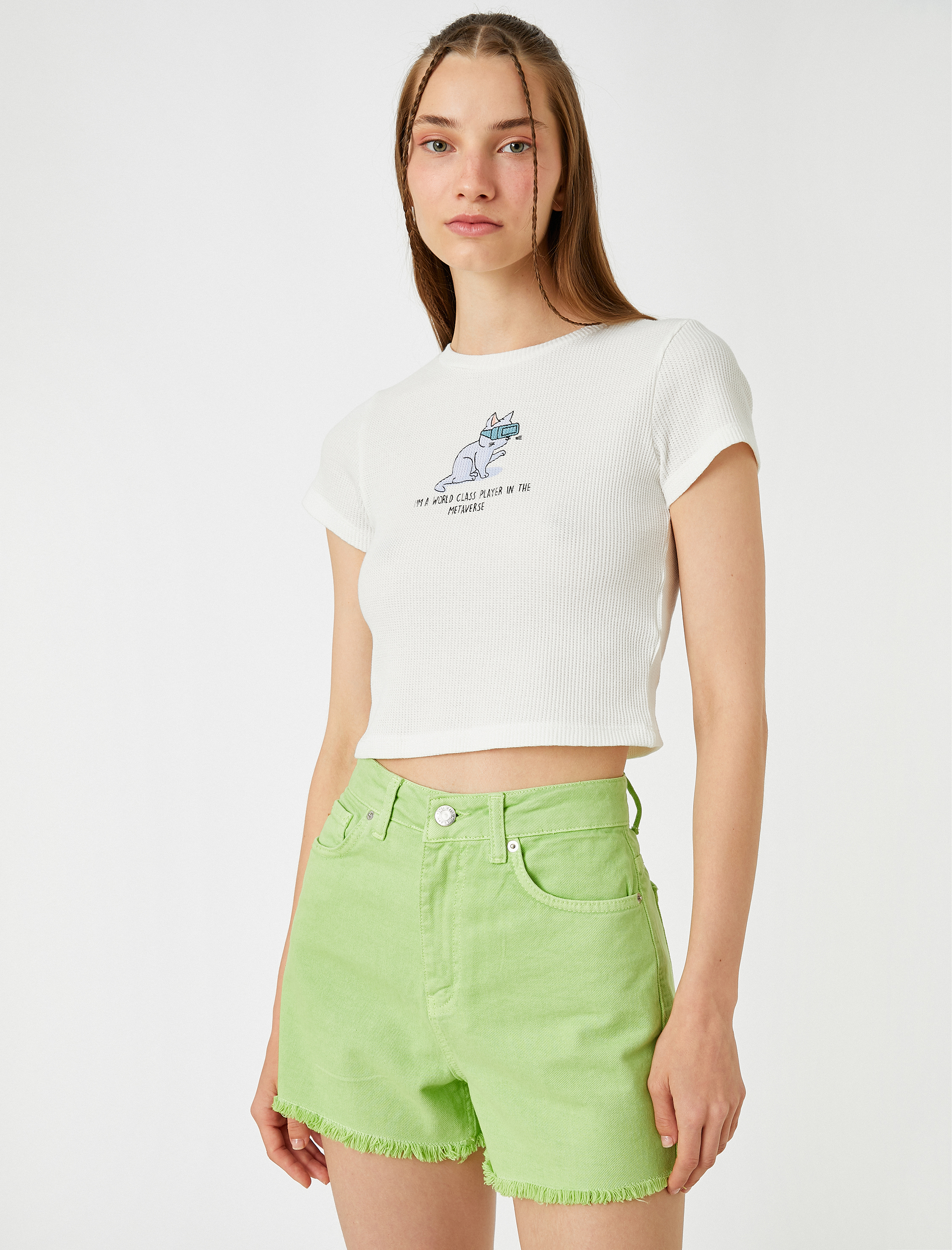   Baskılı Crop Tişört Bisiklet Yaka