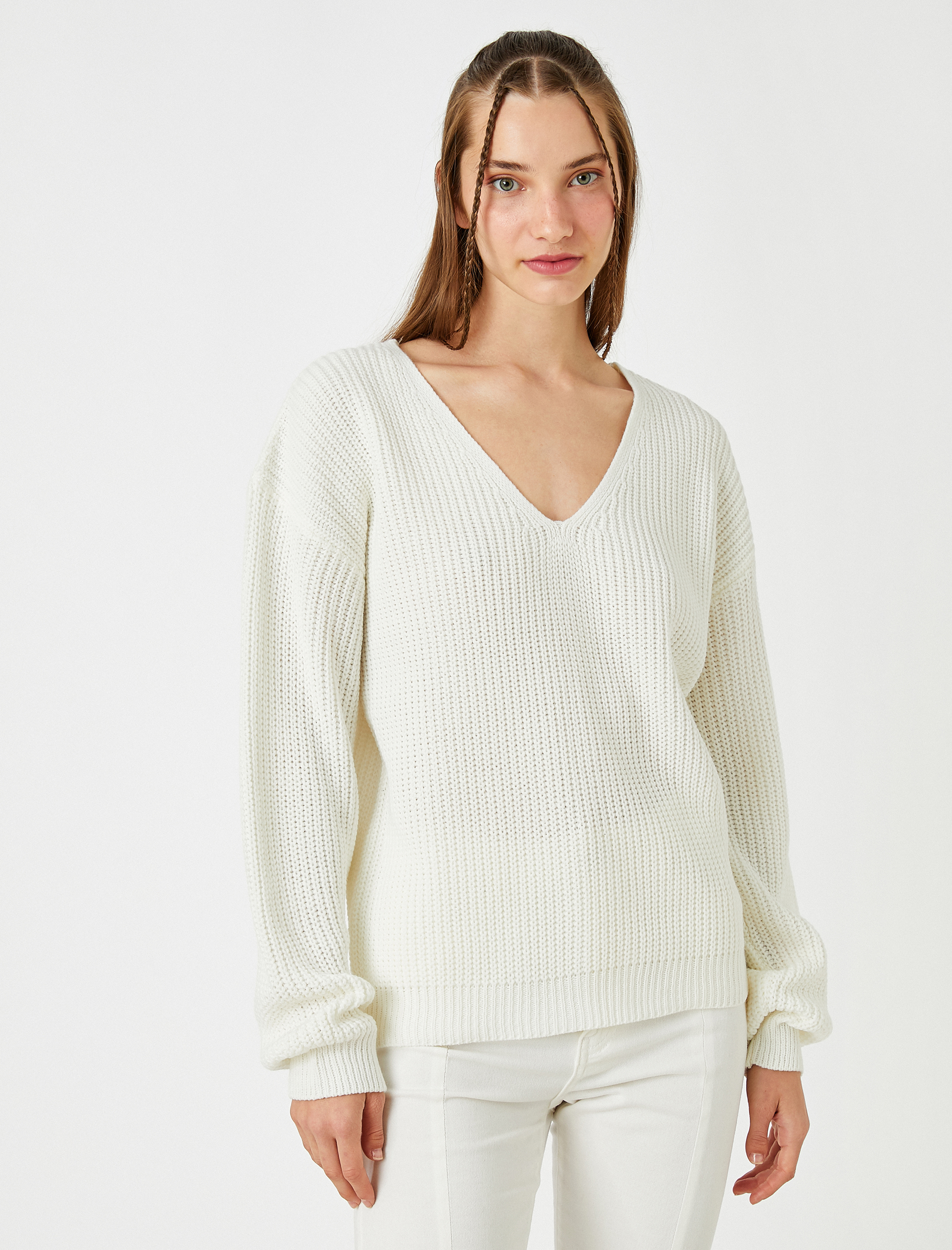 Beyaz Örgü Triko Kazak V Yaka 3WAL90127HT | Koton