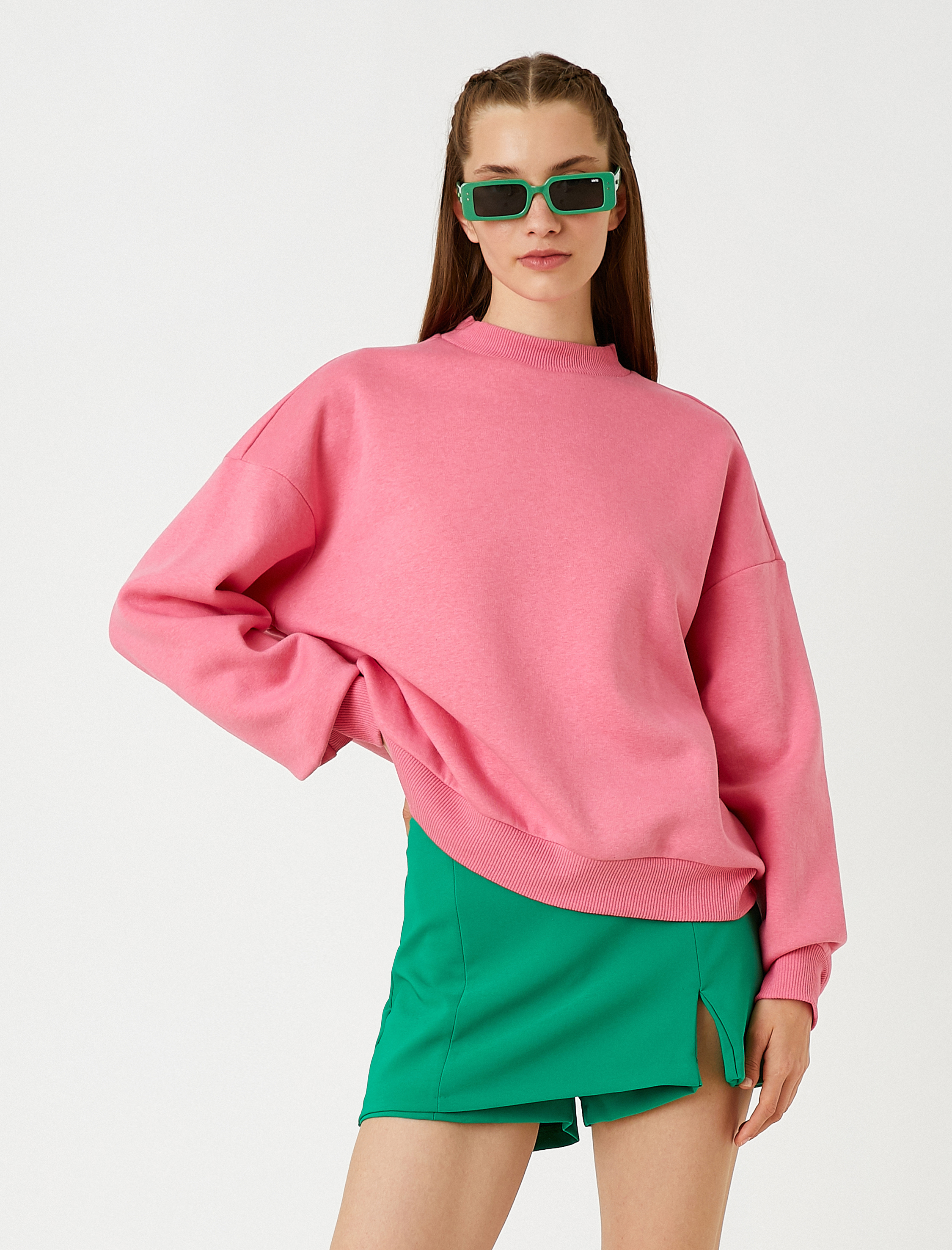   Oversize Basic Sweatshirt Bisiklet Yaka İçi Polarlı