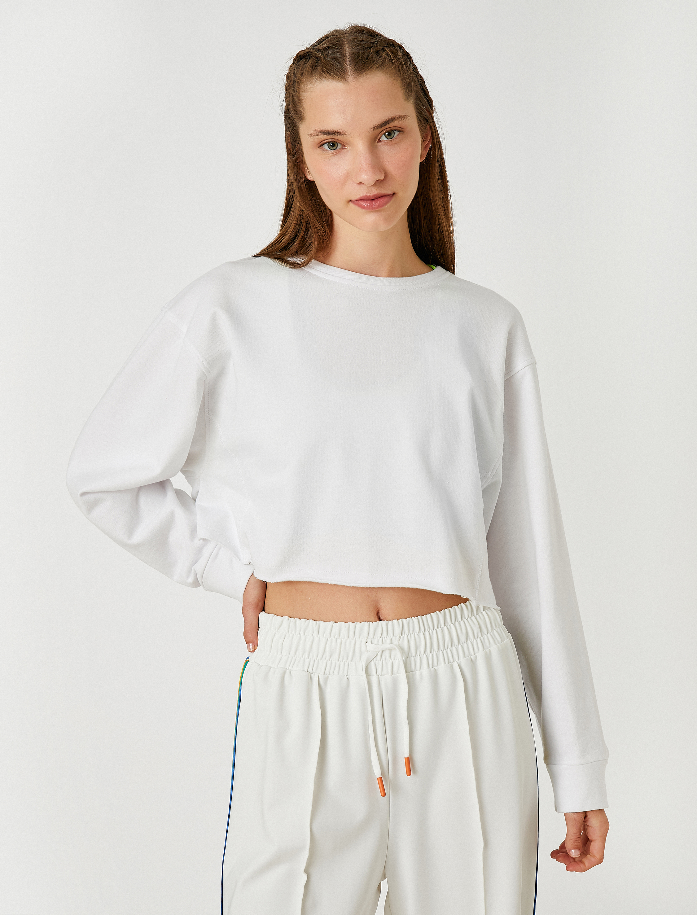   Sıcak Tutan Crop Spor Sweatshirt Şardonlu Pamuklu