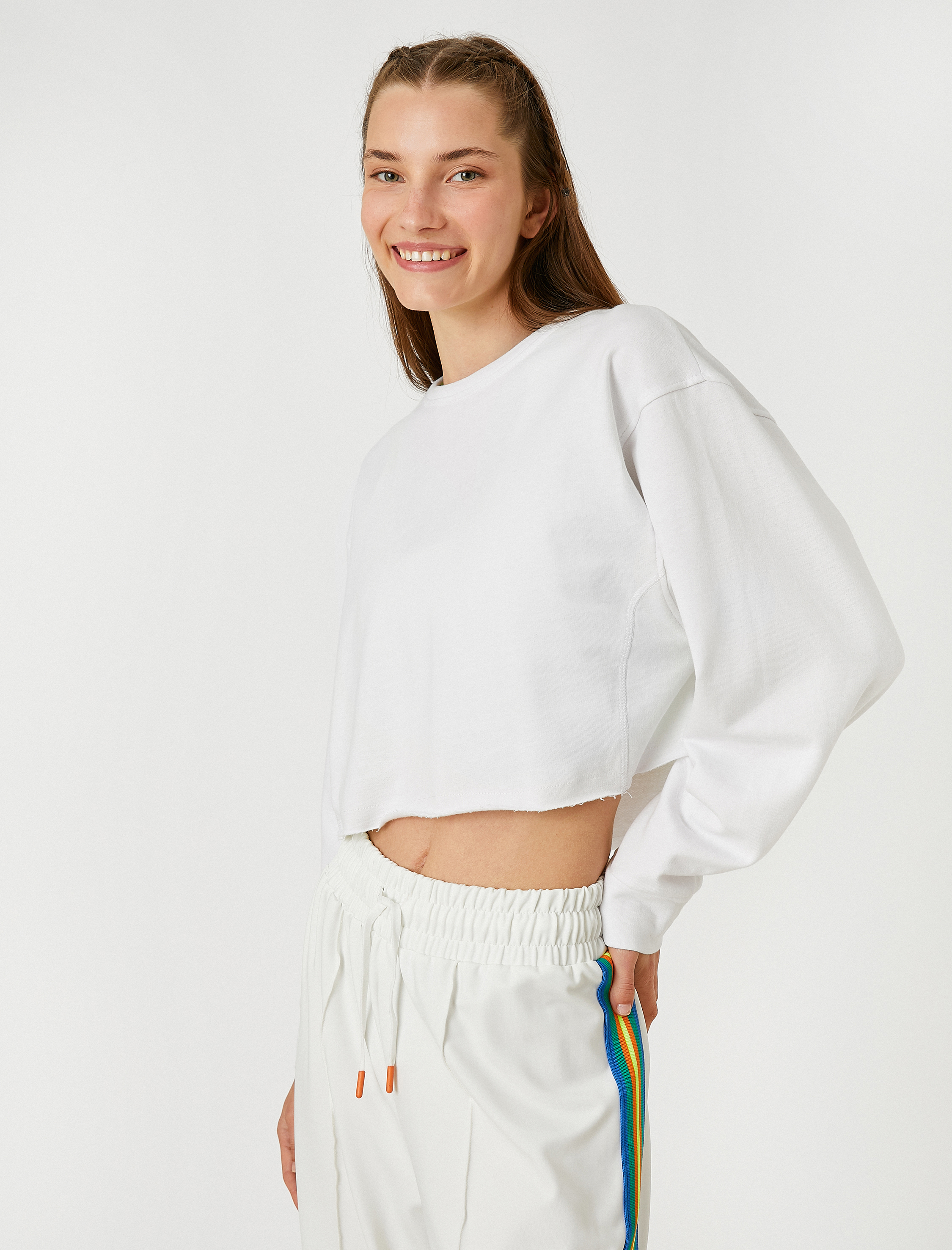   Sıcak Tutan Crop Spor Sweatshirt Şardonlu Pamuklu