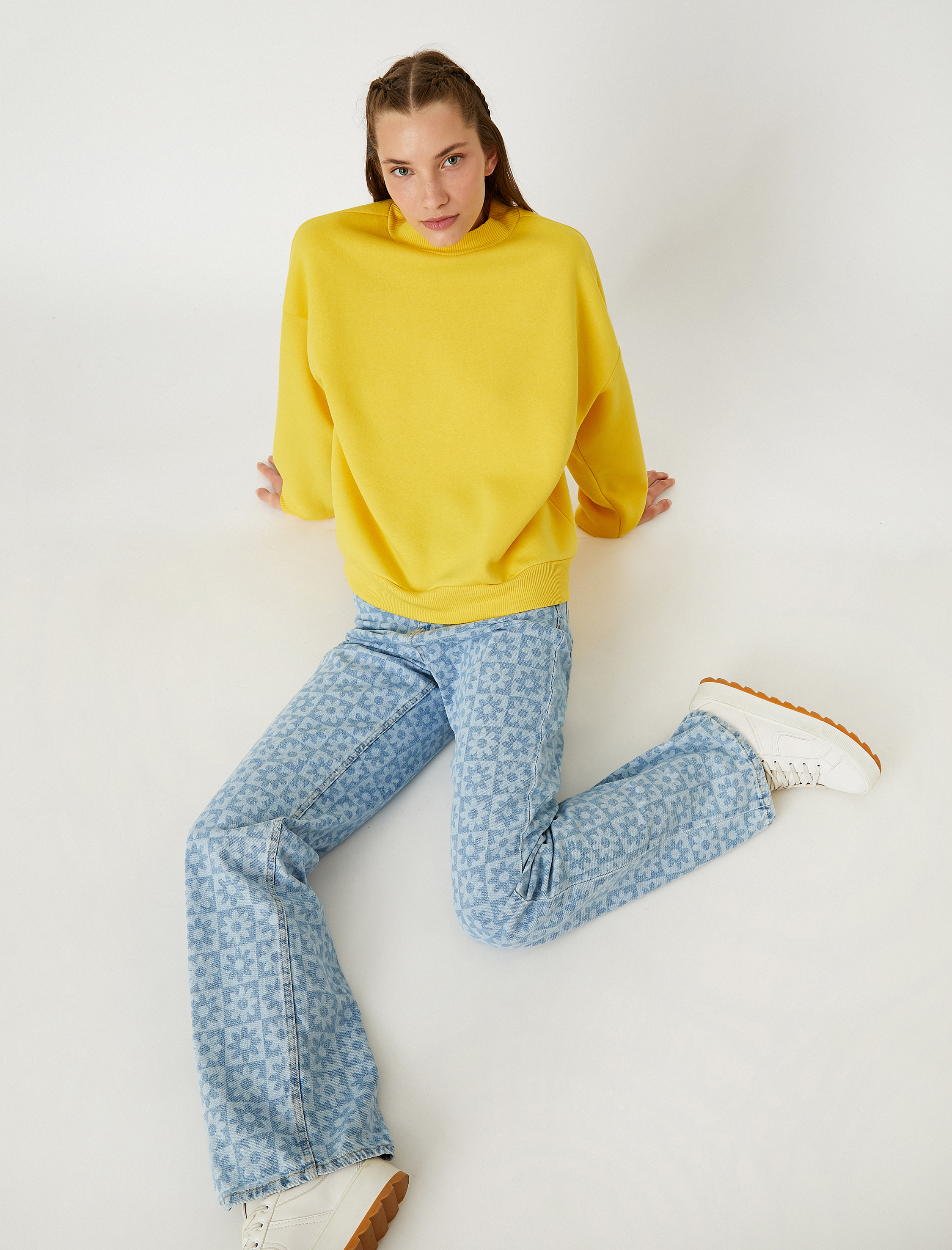   Oversize Basic Sweatshirt Bisiklet Yaka İçi Polarlı