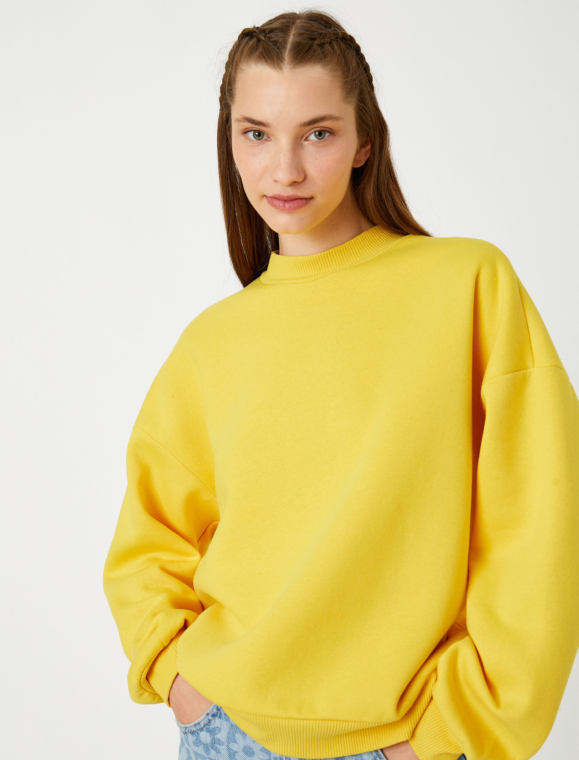   Oversize Basic Sweatshirt Bisiklet Yaka İçi Polarlı