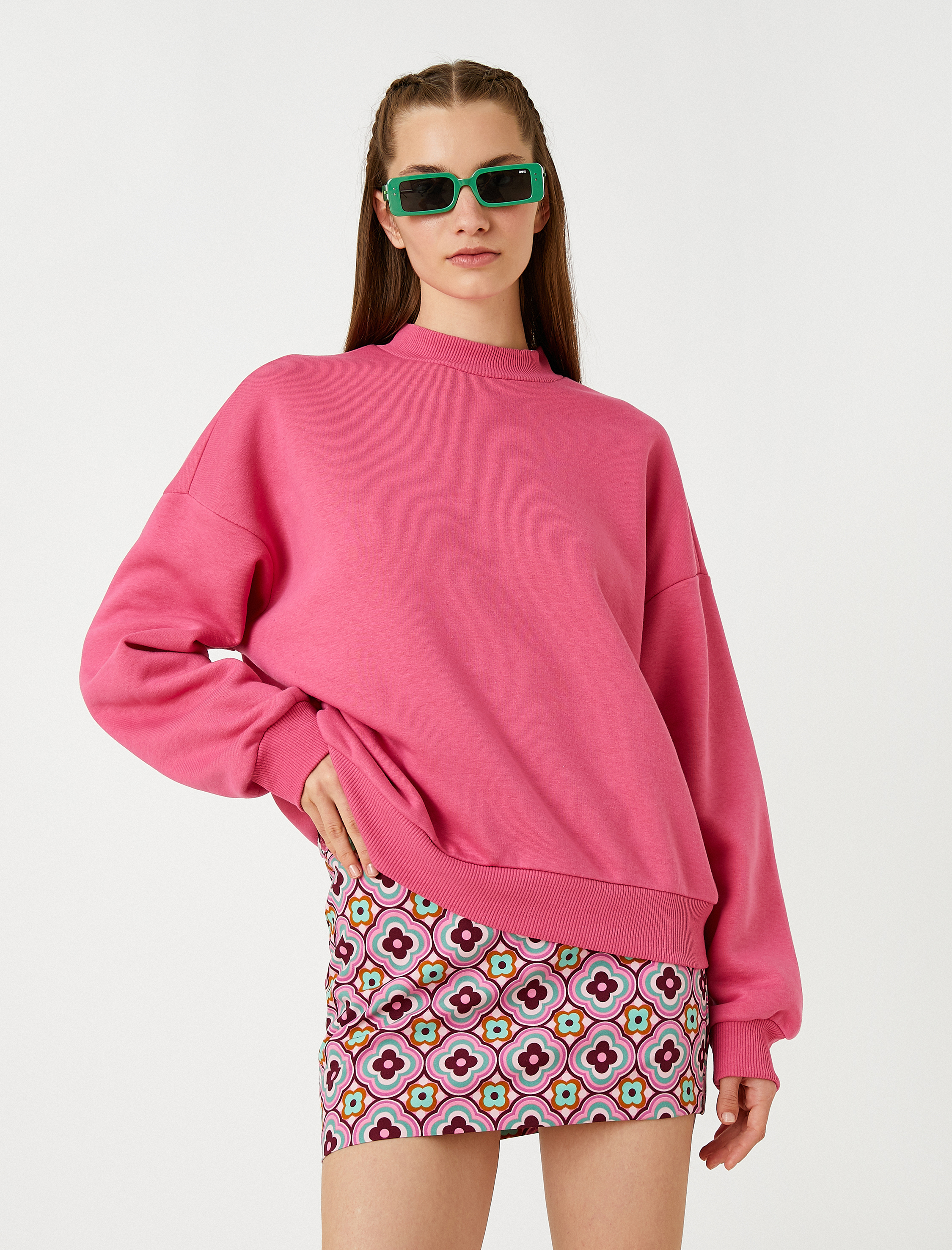   Oversize Basic Sweatshirt Bisiklet Yaka İçi Polarlı