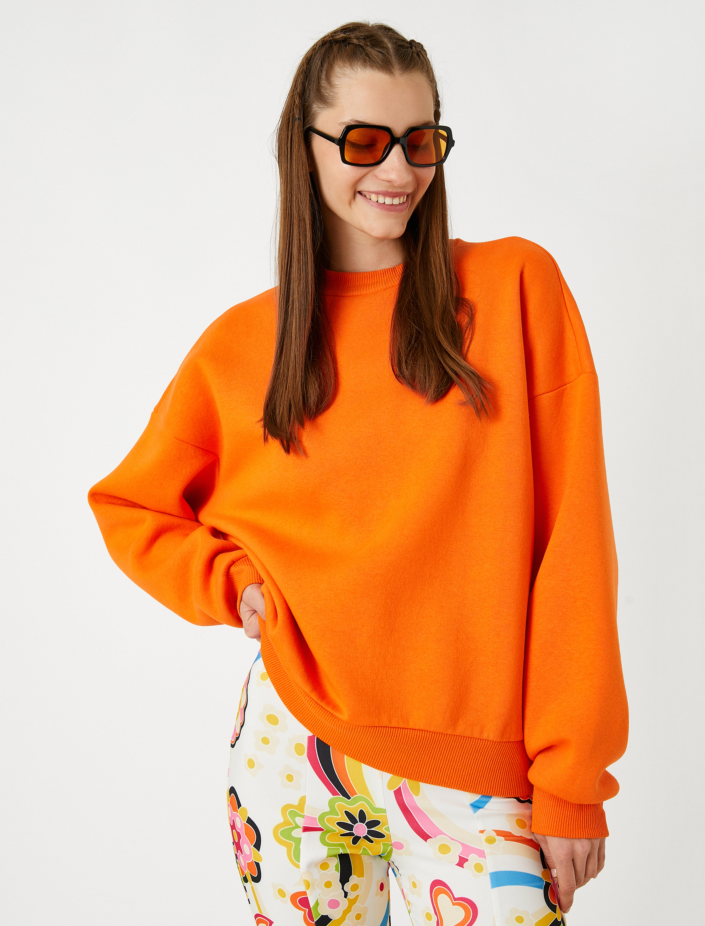   Oversize Basic Sweatshirt Bisiklet Yaka İçi Polarlı