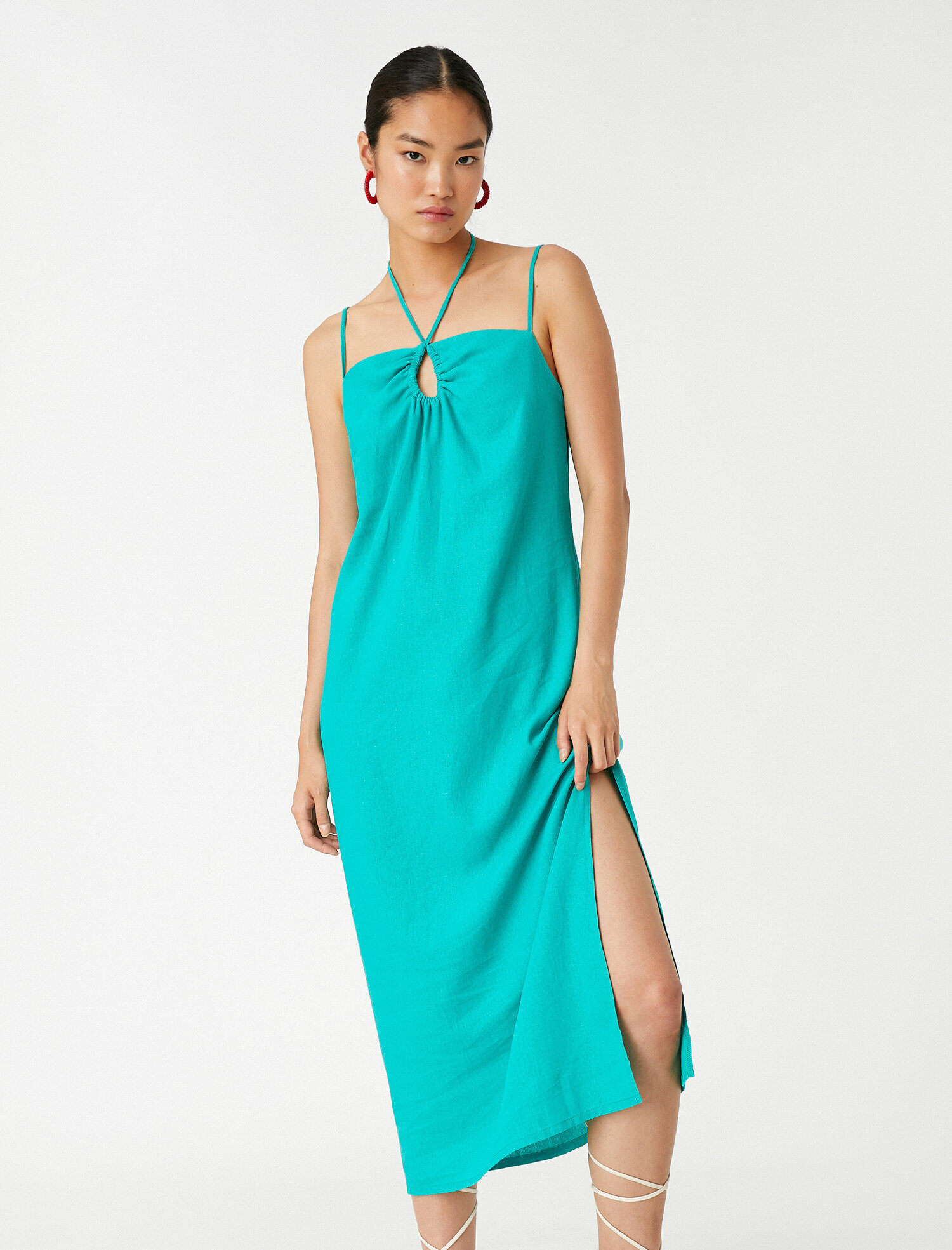   Pencere Detaylı Uzun Elbise Keten Karışımlı