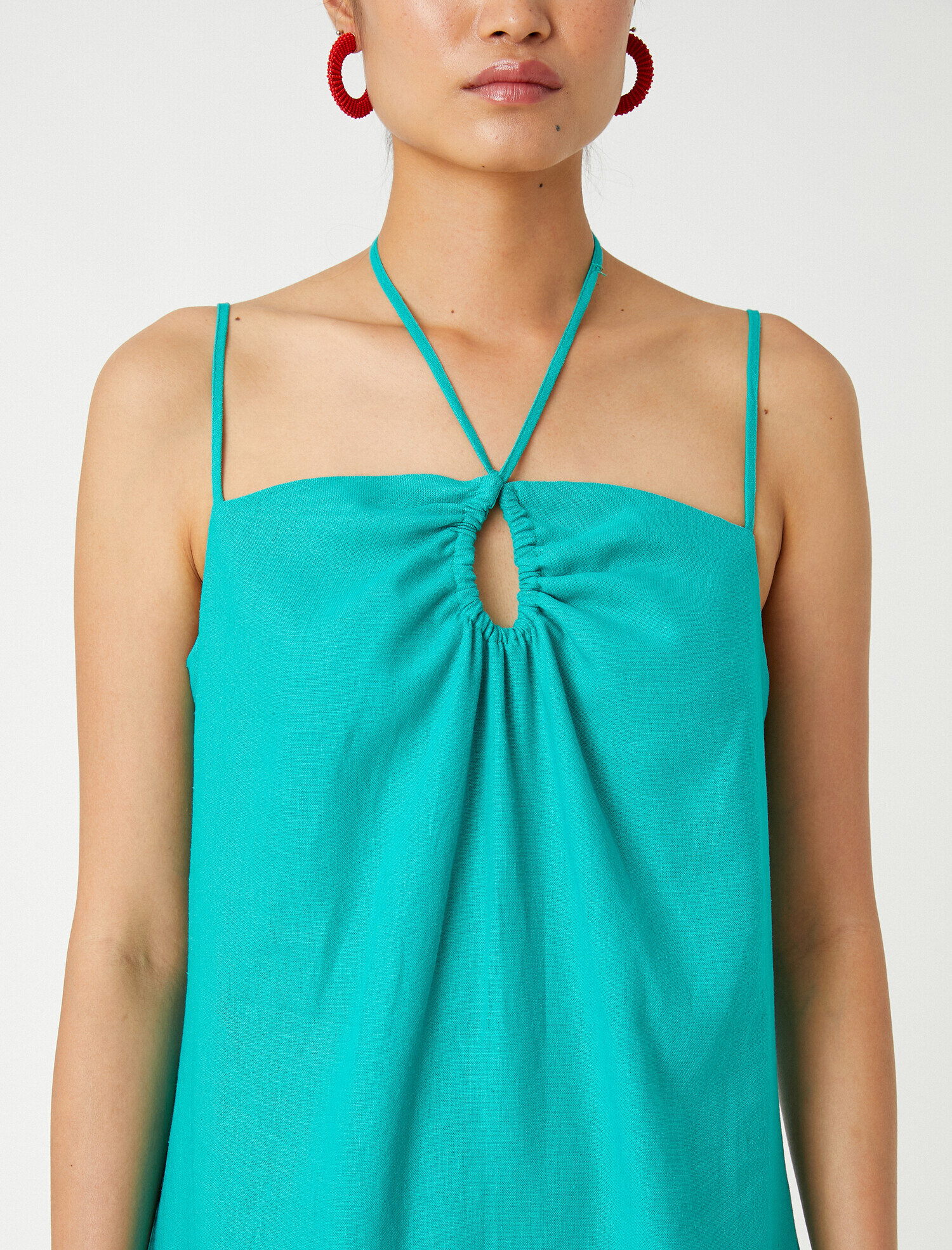   Pencere Detaylı Uzun Elbise Keten Karışımlı