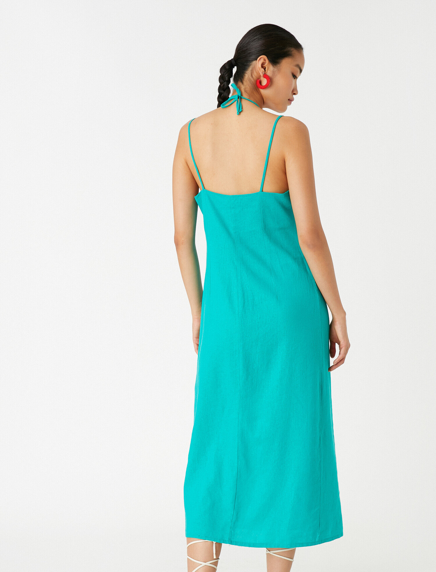   Pencere Detaylı Uzun Elbise Keten Karışımlı