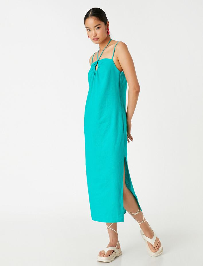  Pencere Detaylı Uzun Elbise Keten Karışımlı