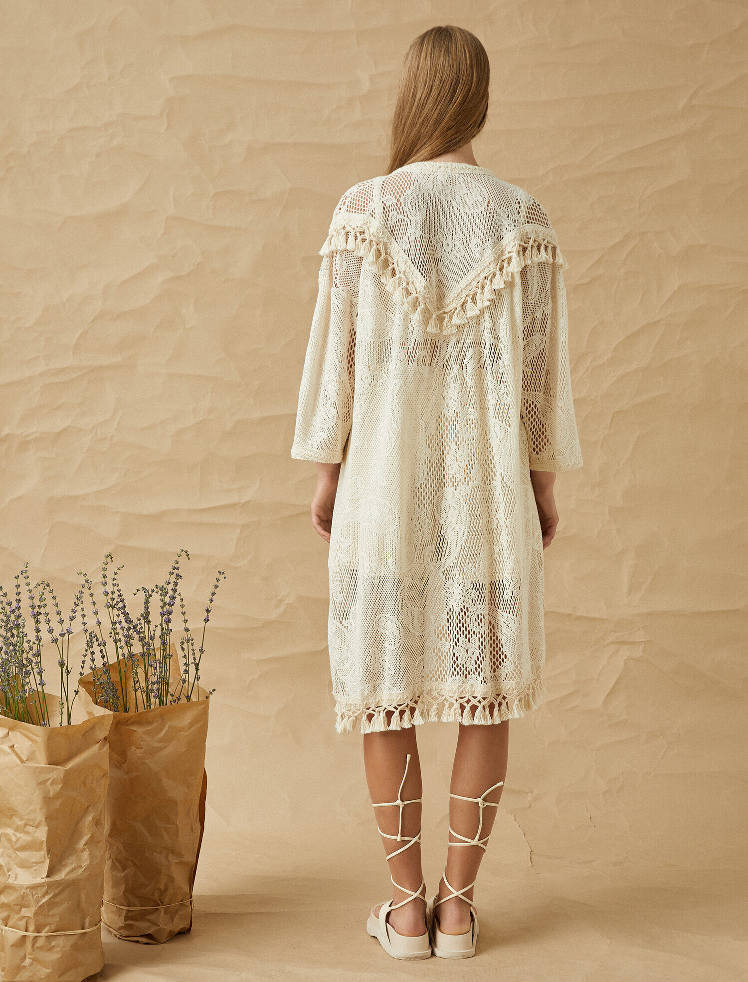   Kroşe Kimono Püskül Detaylı 3/4 Kollu