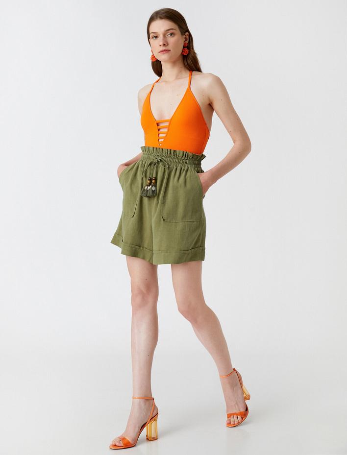  Keten Karışımlı Şort Cepli Beli Bağlamalı